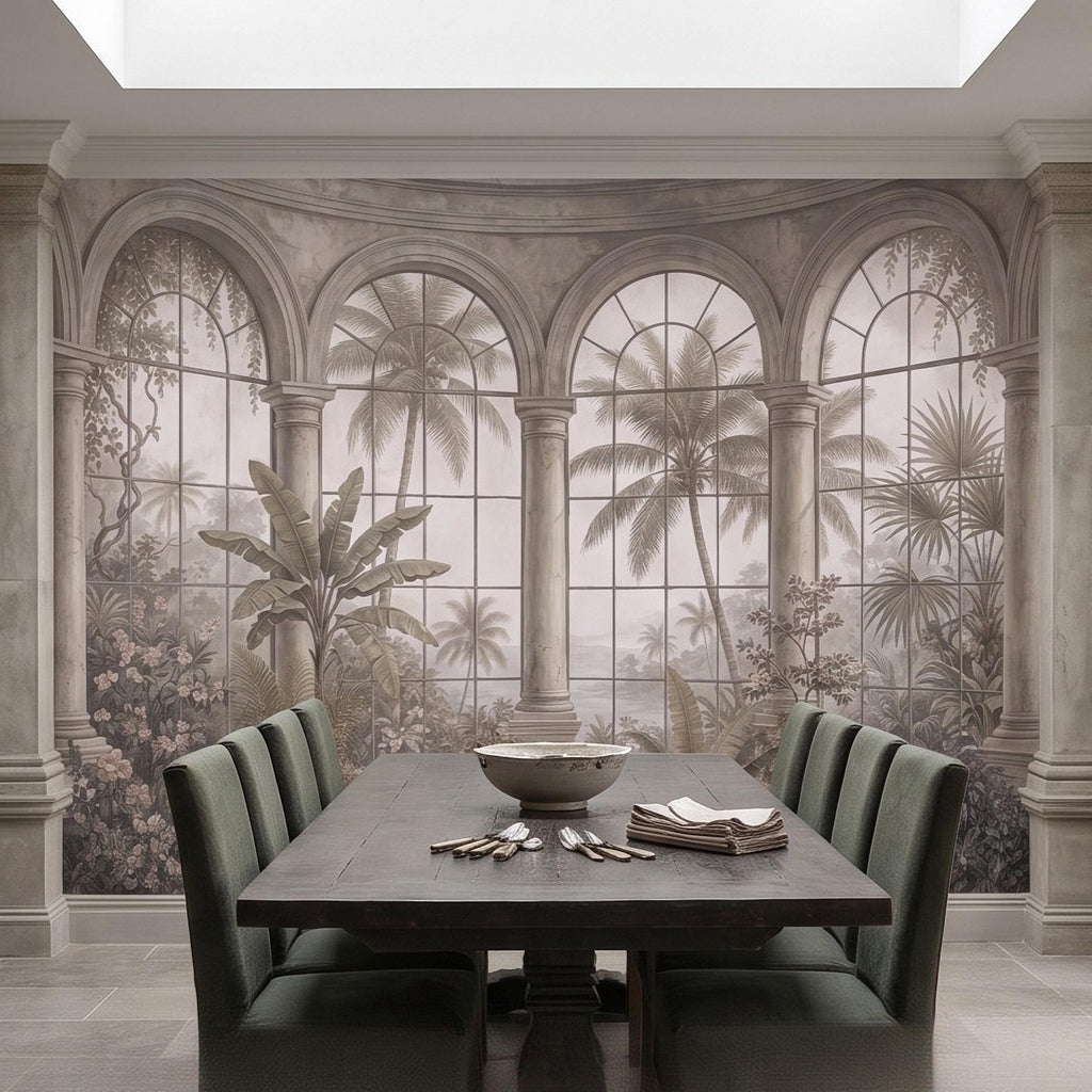 Tropical Conservatory Window Peel and Stick Wall Mural, Grand Arched Glasshouse Vintage Palm Garden View Architectural Wallpaper