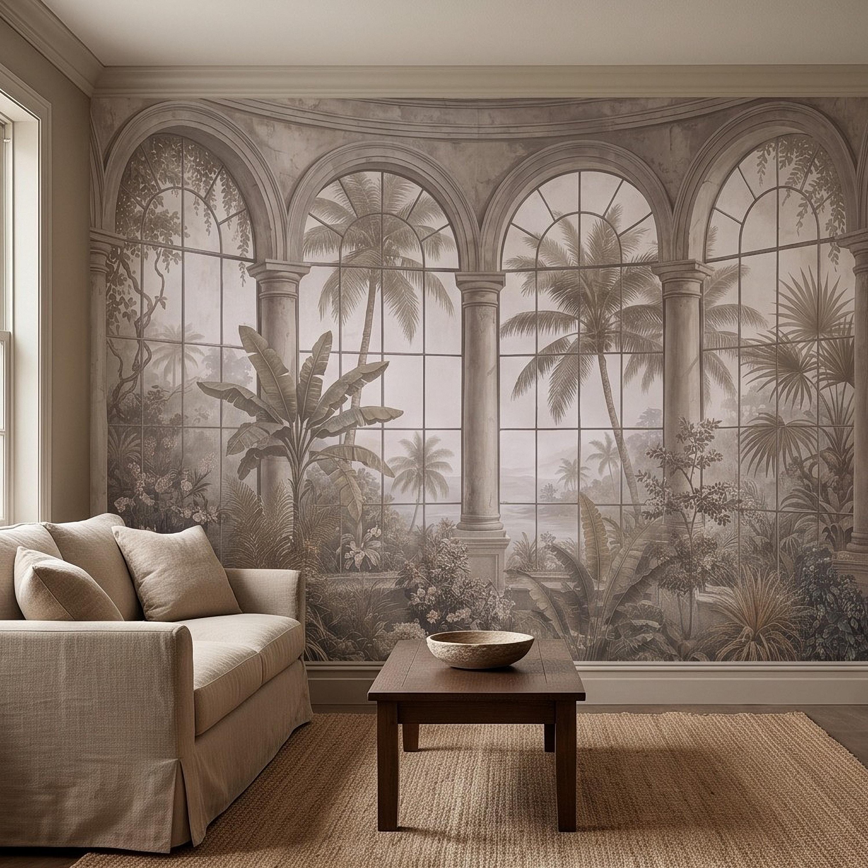 Tropical Conservatory Window Peel and Stick Wall Mural, Grand Arched Glasshouse Vintage Palm Garden View Architectural Wallpaper