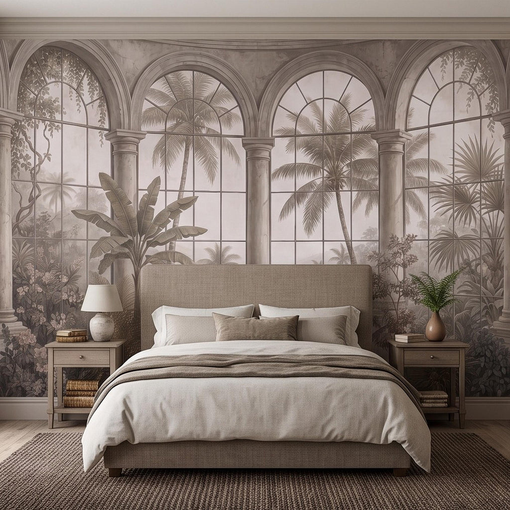 Tropical Conservatory Window Peel and Stick Wall Mural, Grand Arched Glasshouse Vintage Palm Garden View Architectural Wallpaper