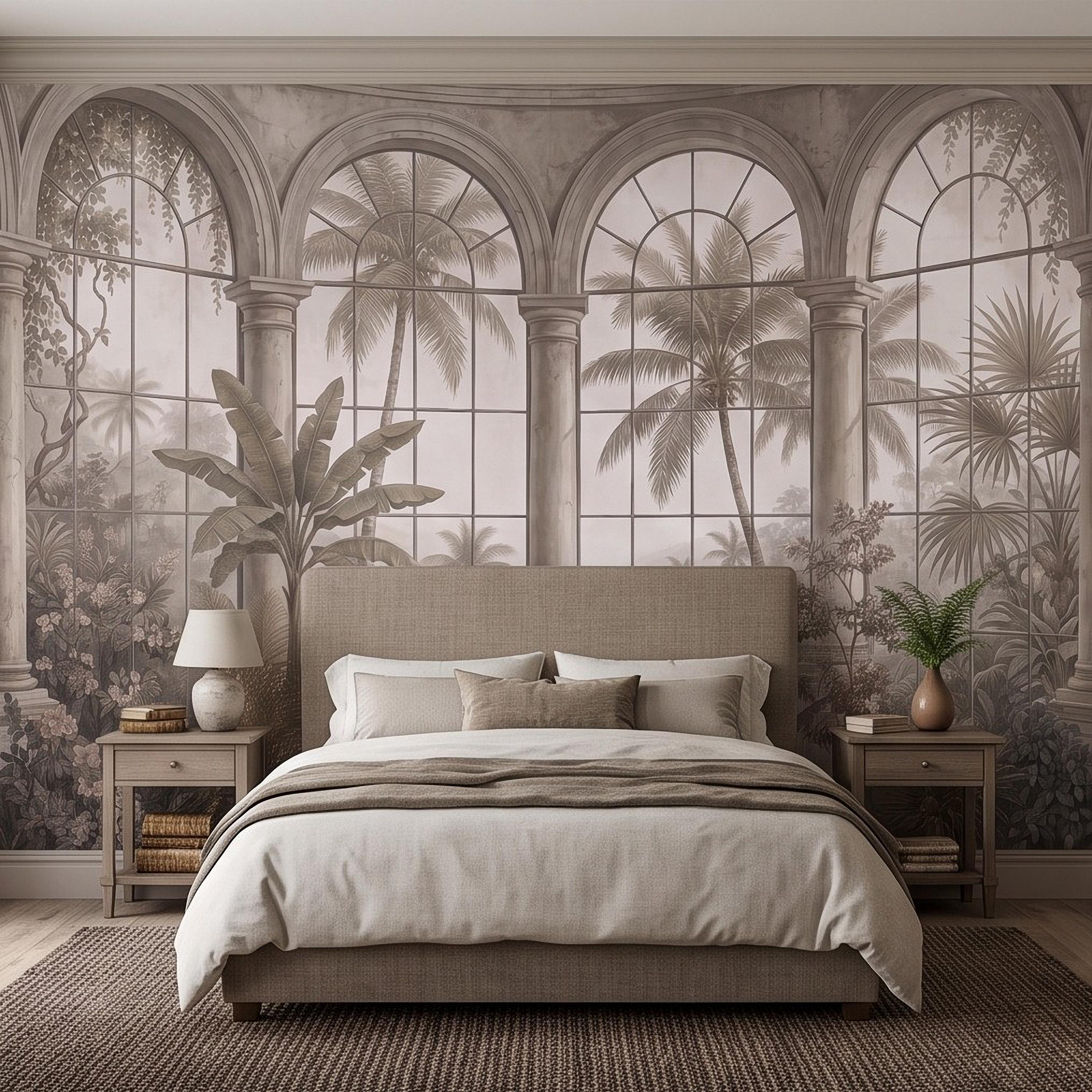 Tropical Conservatory Window Peel and Stick Wall Mural, Grand Arched Glasshouse Vintage Palm Garden View Architectural Wallpaper