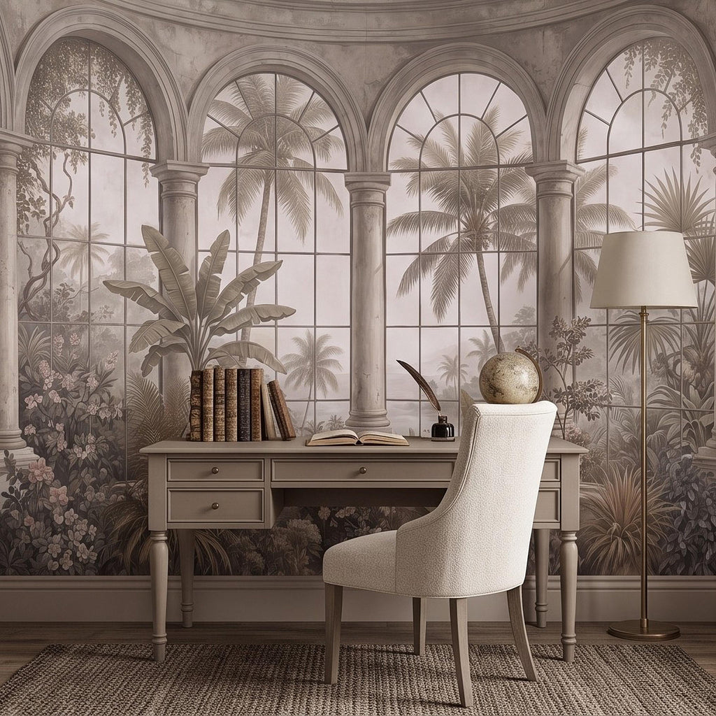 Tropical Conservatory Window Peel and Stick Wall Mural, Grand Arched Glasshouse Vintage Palm Garden View Architectural Wallpaper