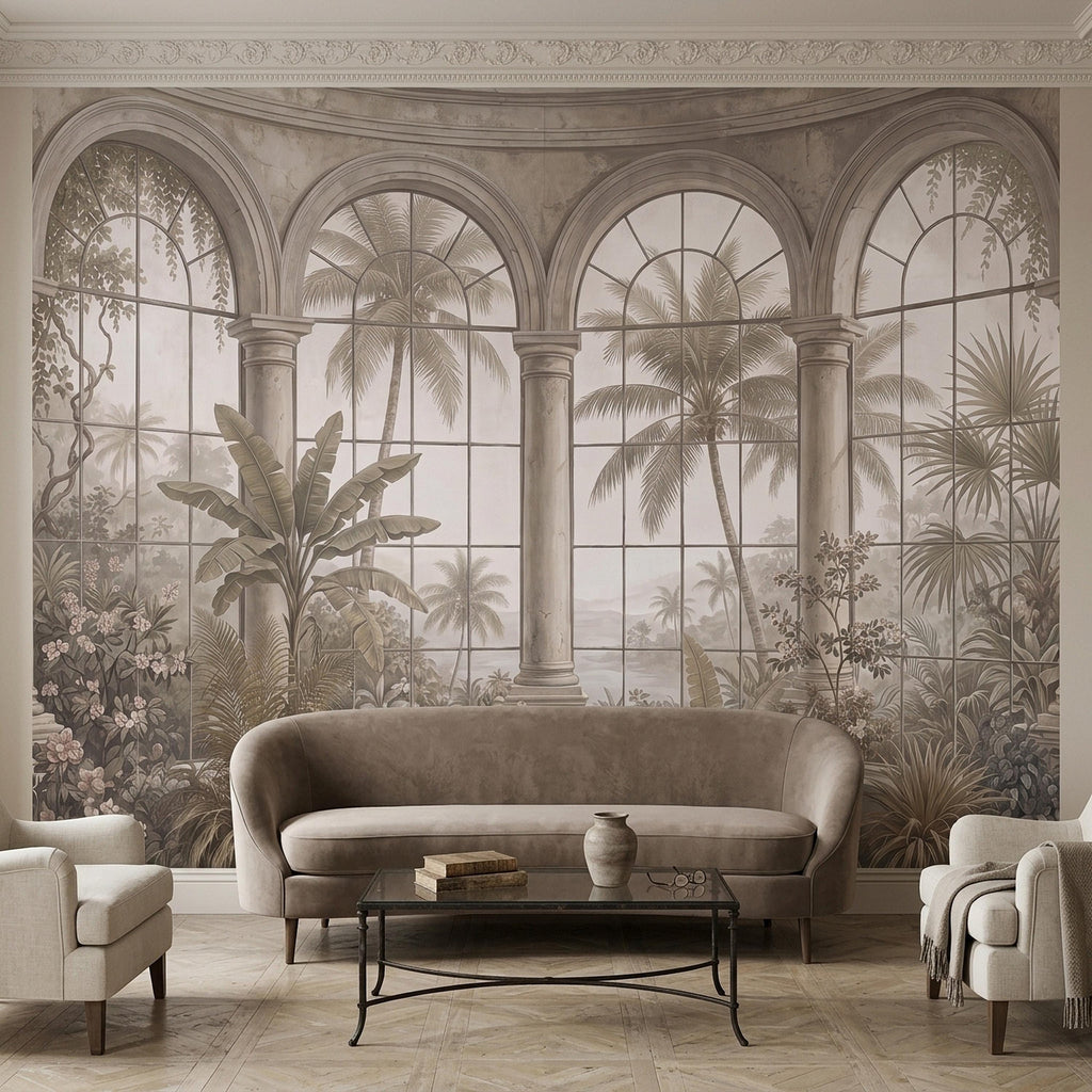 Tropical Conservatory Window Peel and Stick Wall Mural, Grand Arched Glasshouse Vintage Palm Garden View Architectural Wallpaper