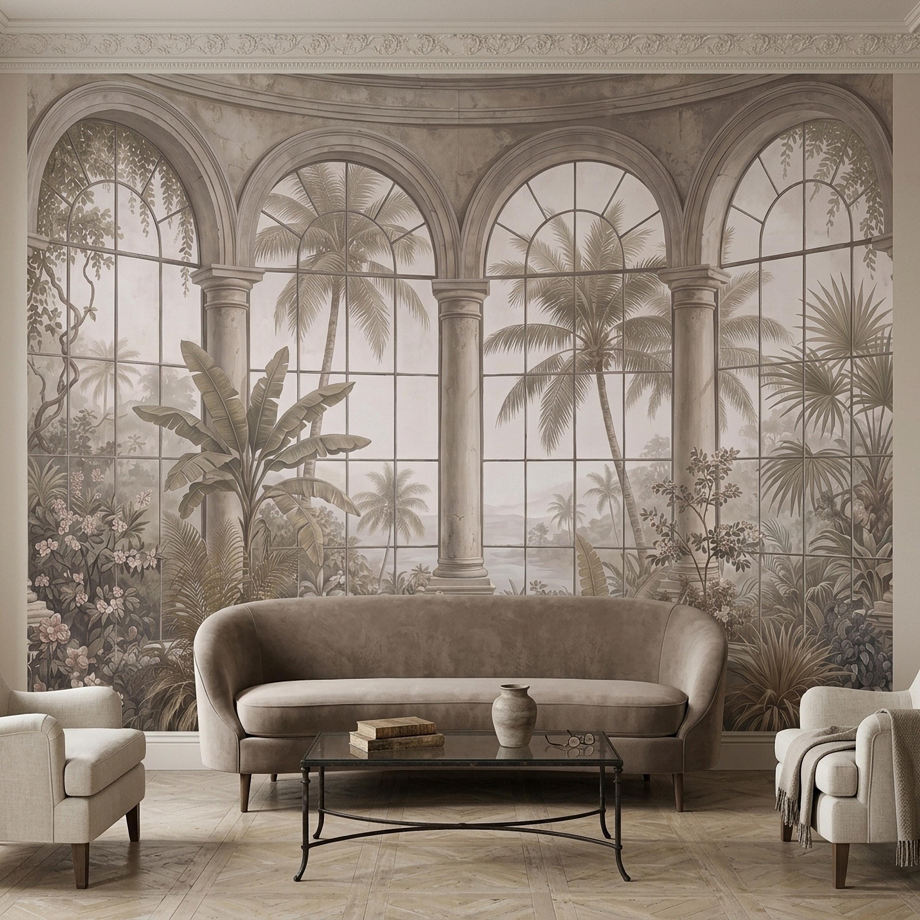 Tropical Conservatory Window Peel and Stick Wall Mural, Grand Arched Glasshouse Vintage Palm Garden View Architectural Wallpaper