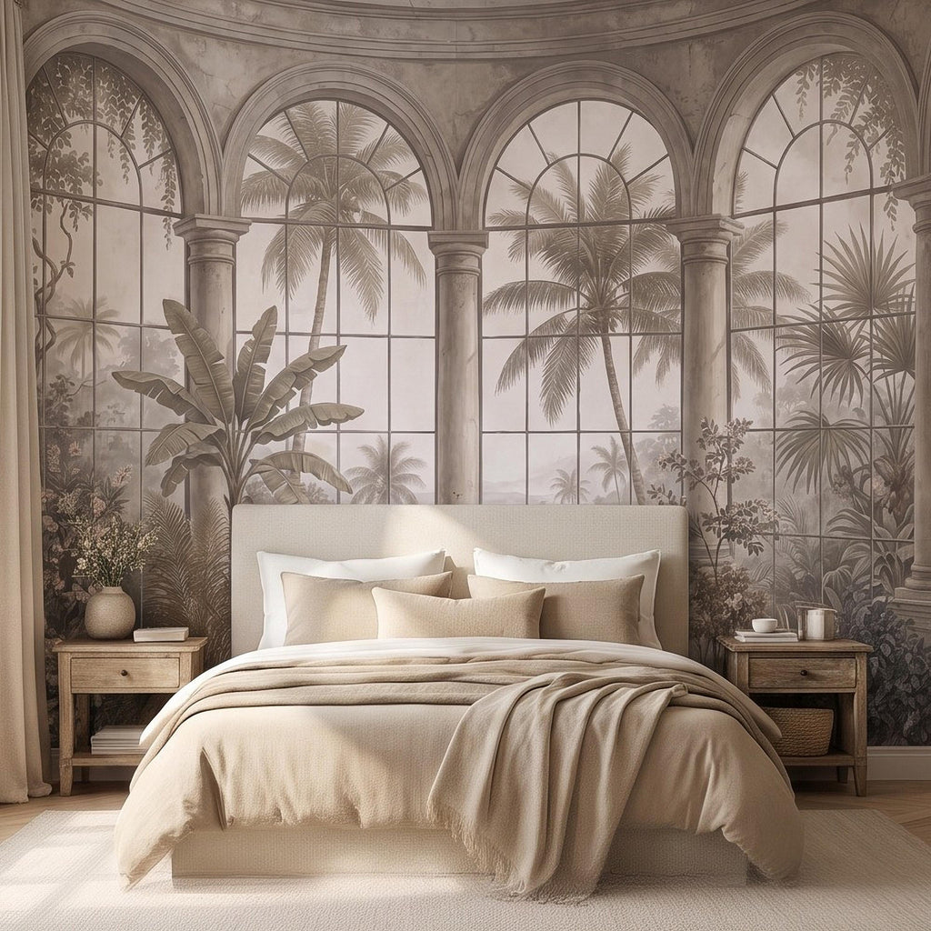 Tropical Conservatory Window Peel and Stick Wall Mural, Grand Arched Glasshouse Vintage Palm Garden View Architectural Wallpaper