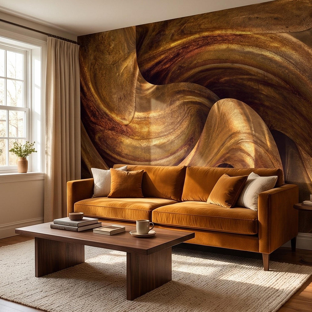 Abstract Wood Grain Peel and Stick Wall Mural, Sculptural Organic Curves, Flowing Timber Texture Contemporary Wallpaper