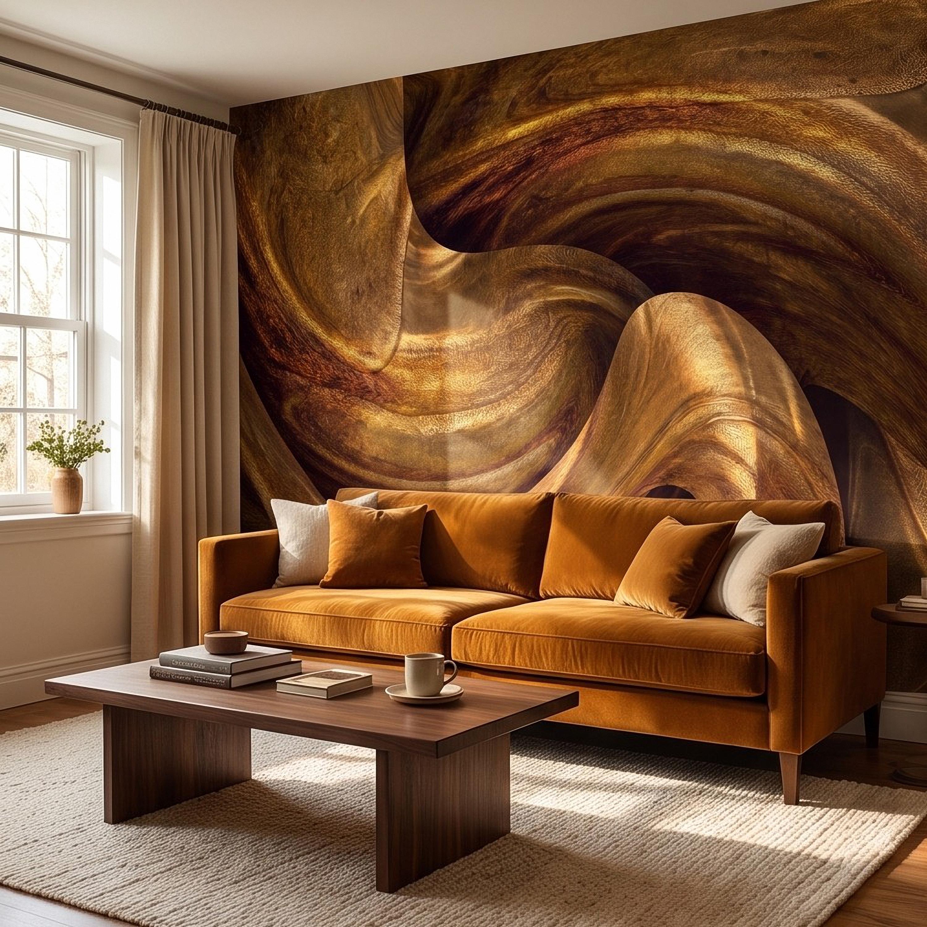 Abstract Wood Grain Peel and Stick Wall Mural, Sculptural Organic Curves, Flowing Timber Texture Contemporary Wallpaper