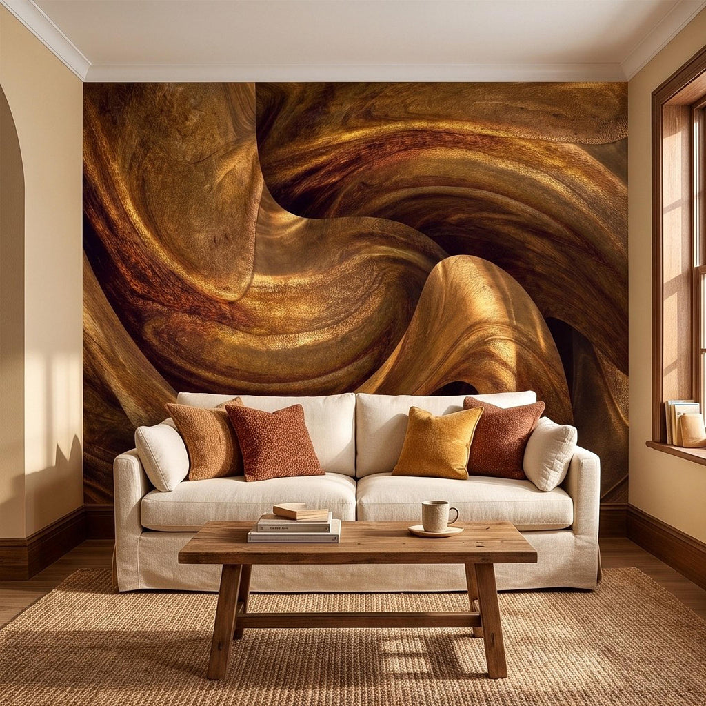 Abstract Wood Grain Peel and Stick Wall Mural, Sculptural Organic Curves, Flowing Timber Texture Contemporary Wallpaper