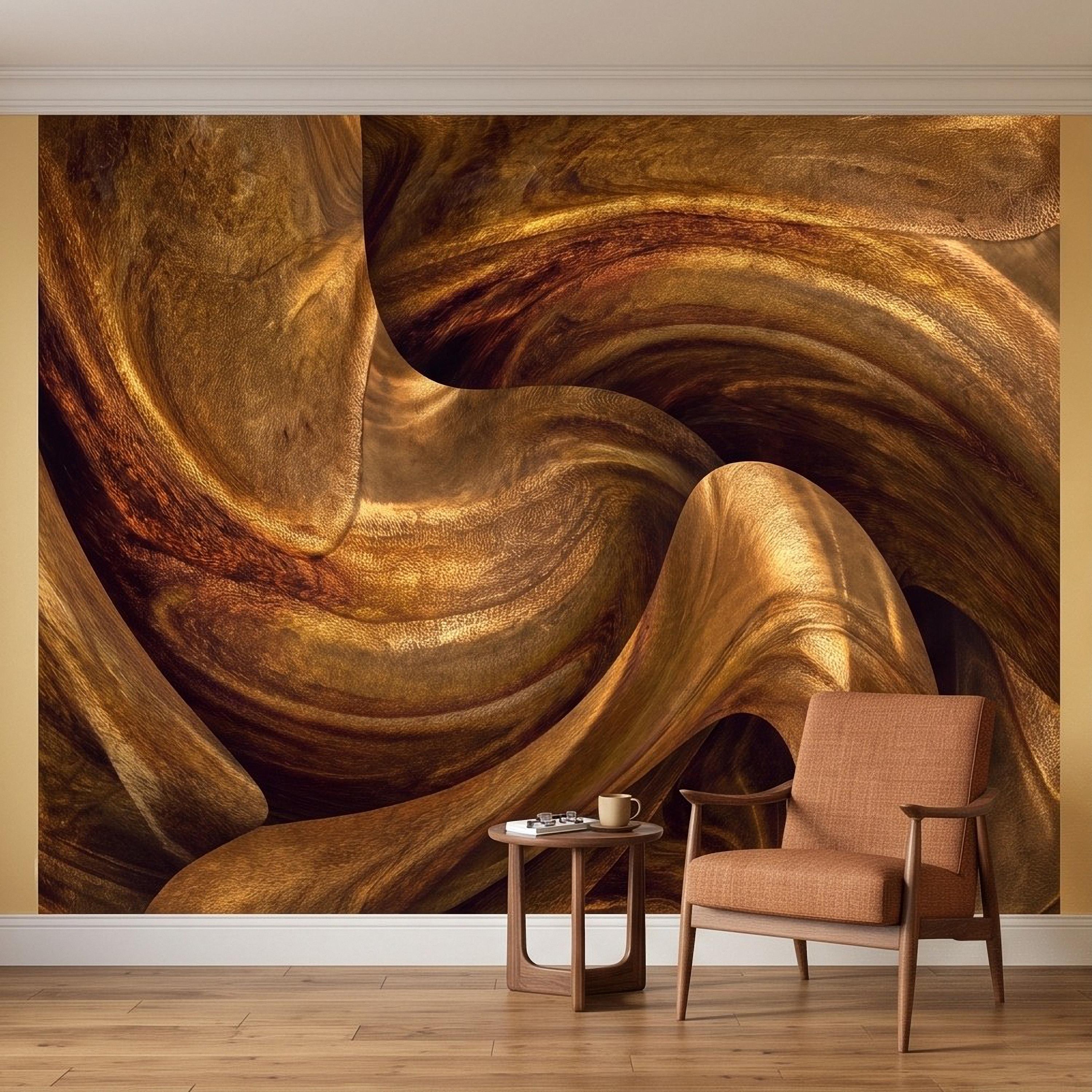 Abstract Wood Grain Peel and Stick Wall Mural, Sculptural Organic Curves, Flowing Timber Texture Contemporary Wallpaper
