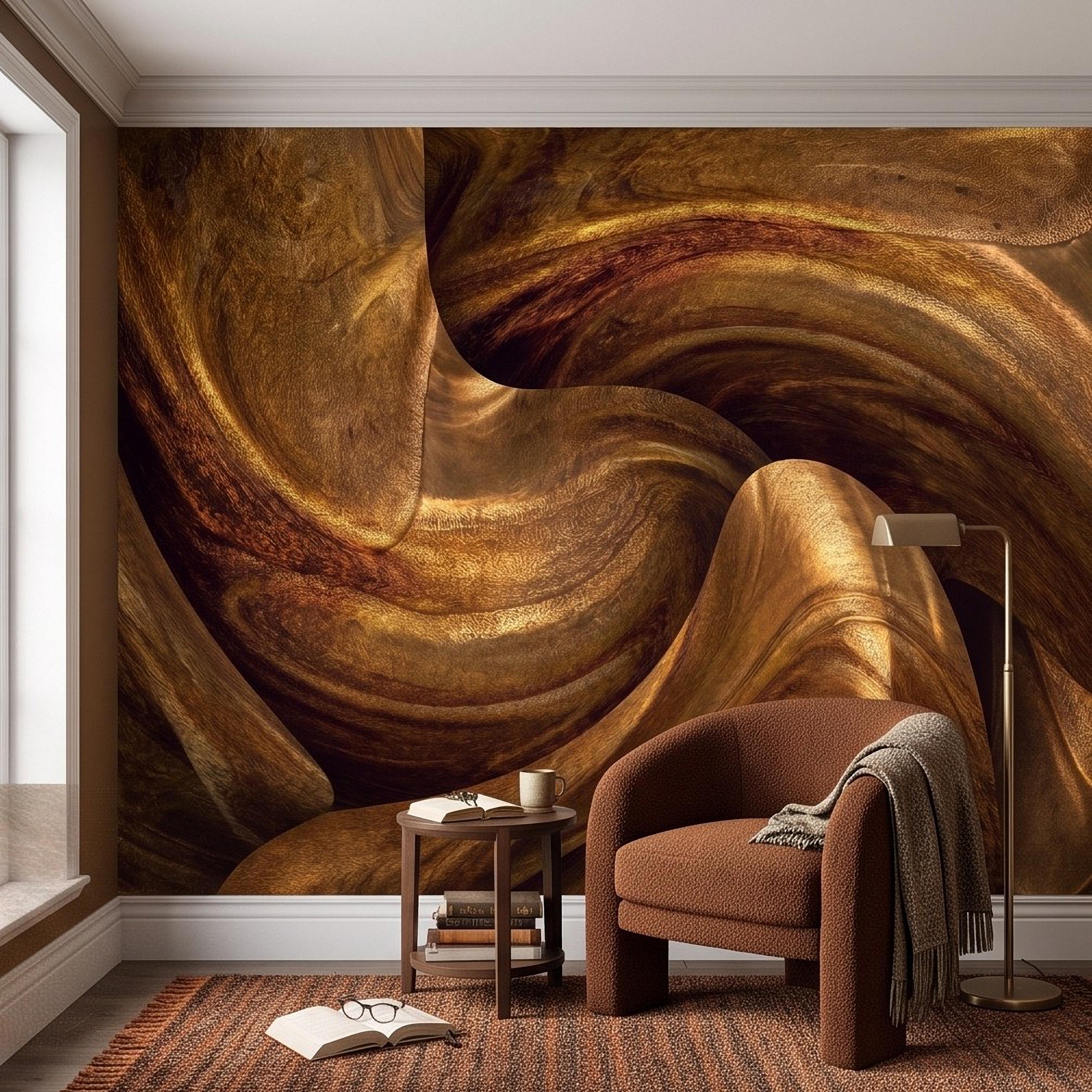 Abstract Wood Grain Peel and Stick Wall Mural, Sculptural Organic Curves, Flowing Timber Texture Contemporary Wallpaper
