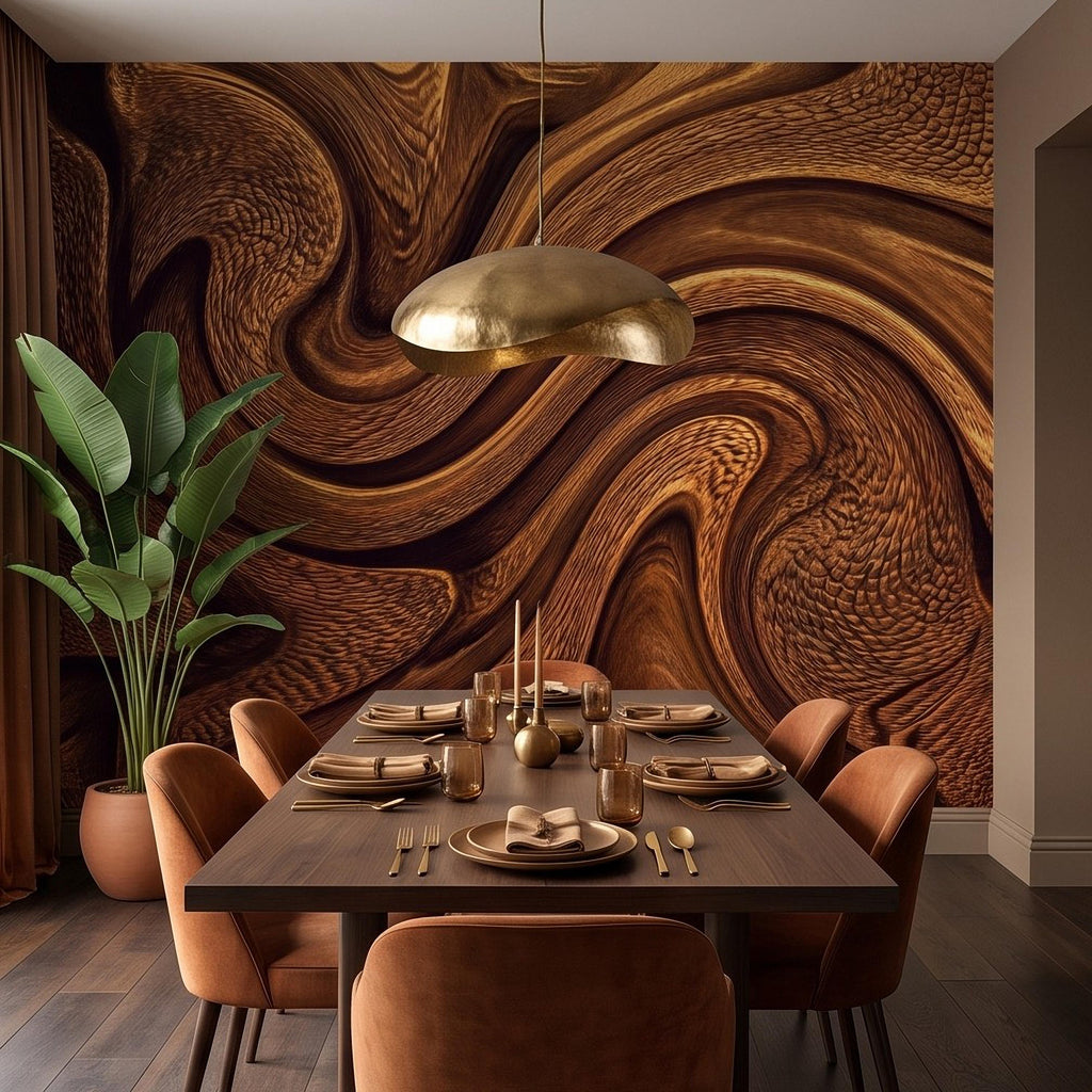 Abstract Wood Texture Peel and Stick Wall Mural, Flowing Sculptural Grain, Organic Timber Waves Contemporary Wallpaper
