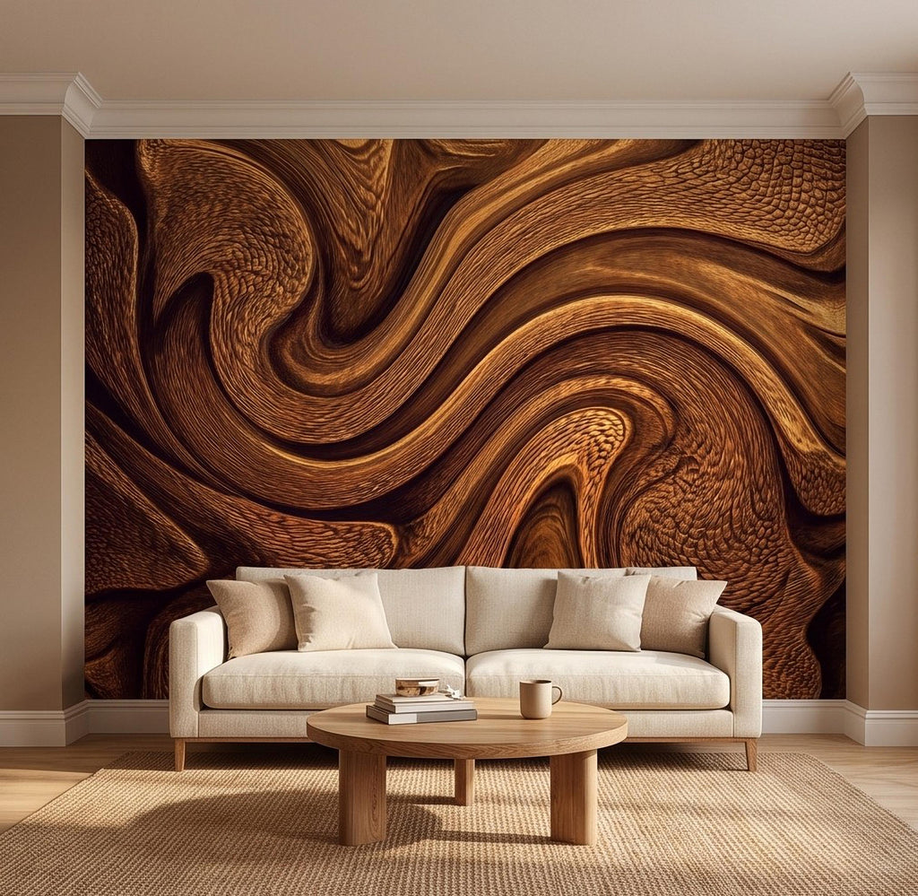 Abstract Wood Texture Peel and Stick Wall Mural, Flowing Sculptural Grain, Organic Timber Waves Contemporary Wallpaper
