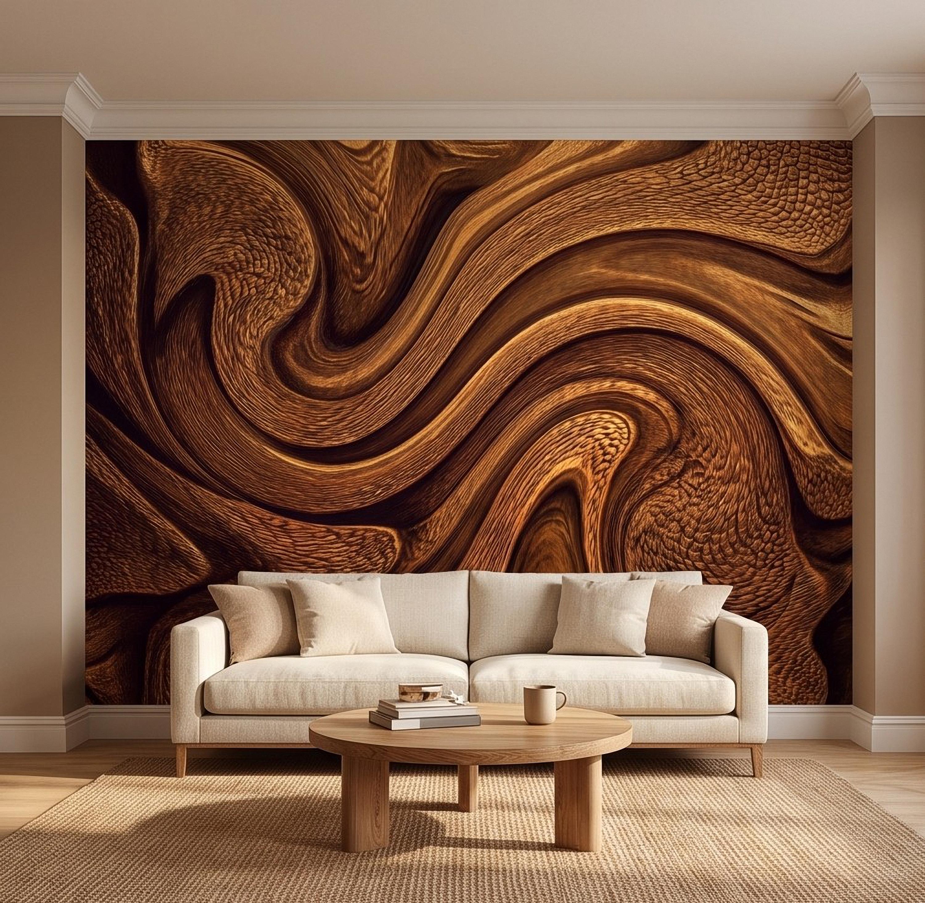 Abstract Wood Texture Peel and Stick Wall Mural, Flowing Sculptural Grain, Organic Timber Waves Contemporary Wallpaper