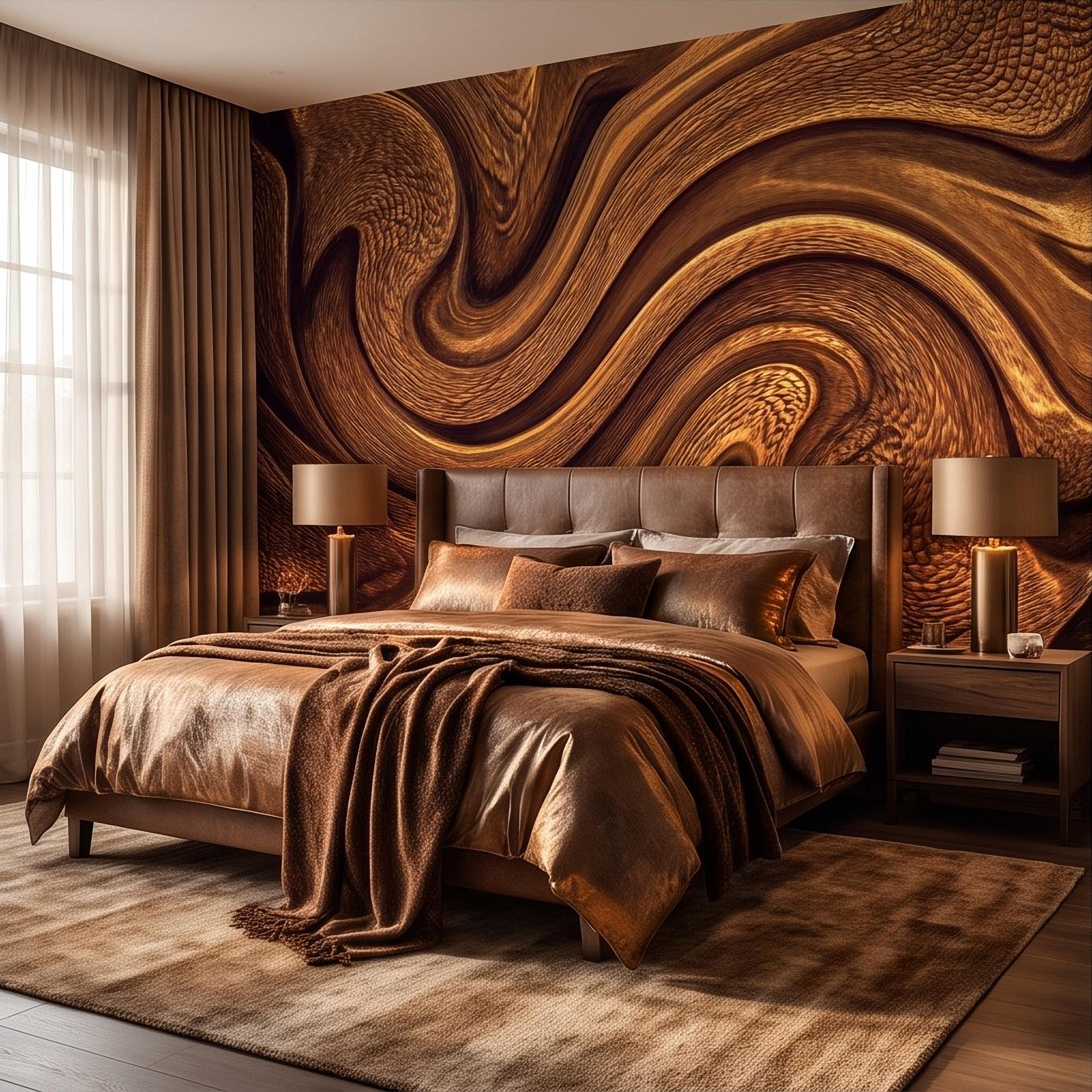 Abstract Wood Texture Peel and Stick Wall Mural, Flowing Sculptural Grain, Organic Timber Waves Contemporary Wallpaper