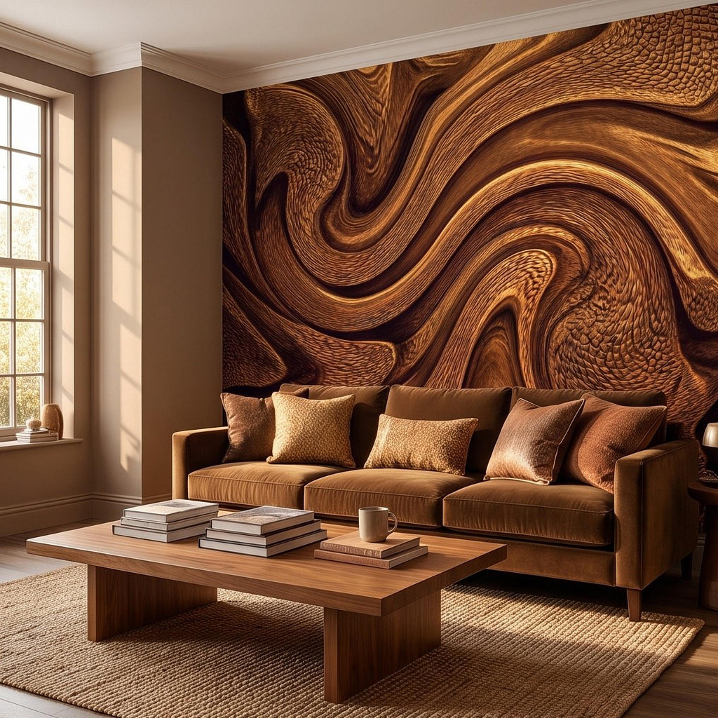 Abstract Wood Texture Peel and Stick Wall Mural, Flowing Sculptural Grain, Organic Timber Waves Contemporary Wallpaper
