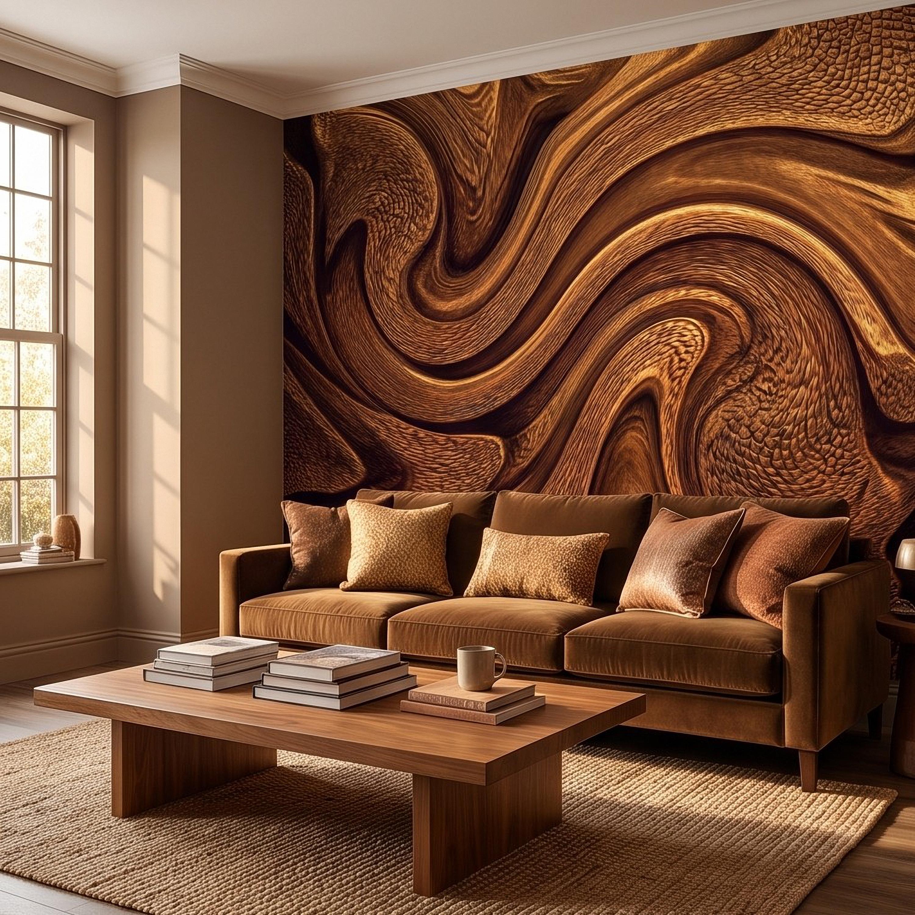 Abstract Wood Texture Peel and Stick Wall Mural, Flowing Sculptural Grain, Organic Timber Waves Contemporary Wallpaper