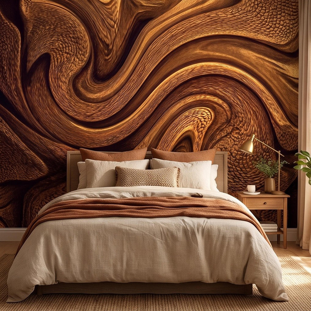 Abstract Wood Texture Peel and Stick Wall Mural, Flowing Sculptural Grain, Organic Timber Waves Contemporary Wallpaper