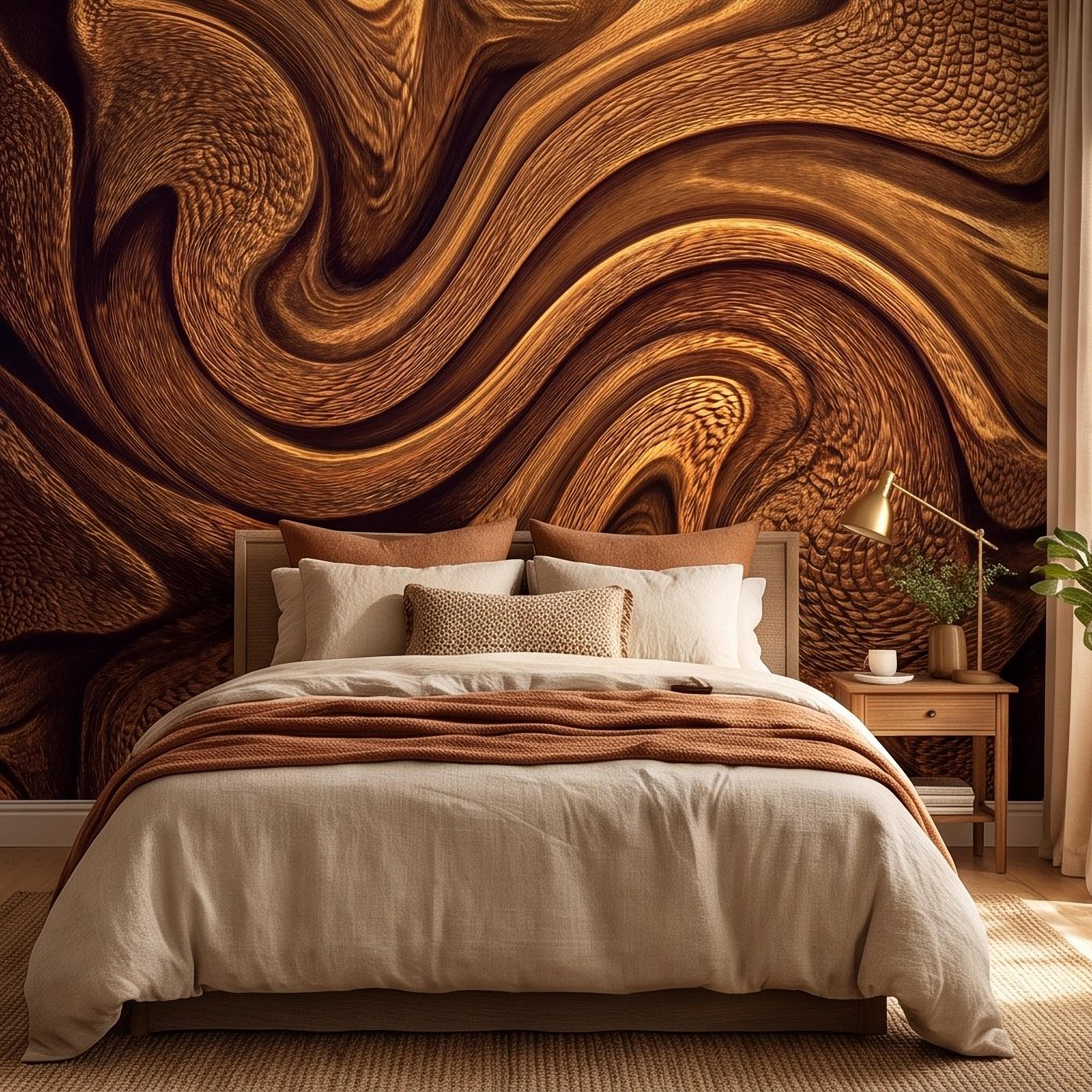 Abstract Wood Texture Peel and Stick Wall Mural, Flowing Sculptural Grain, Organic Timber Waves Contemporary Wallpaper