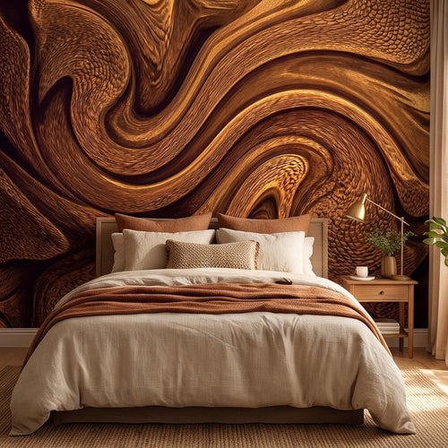 Wood grain wall mural showing flowing wave swirls in dark brown and amber tones, full wall