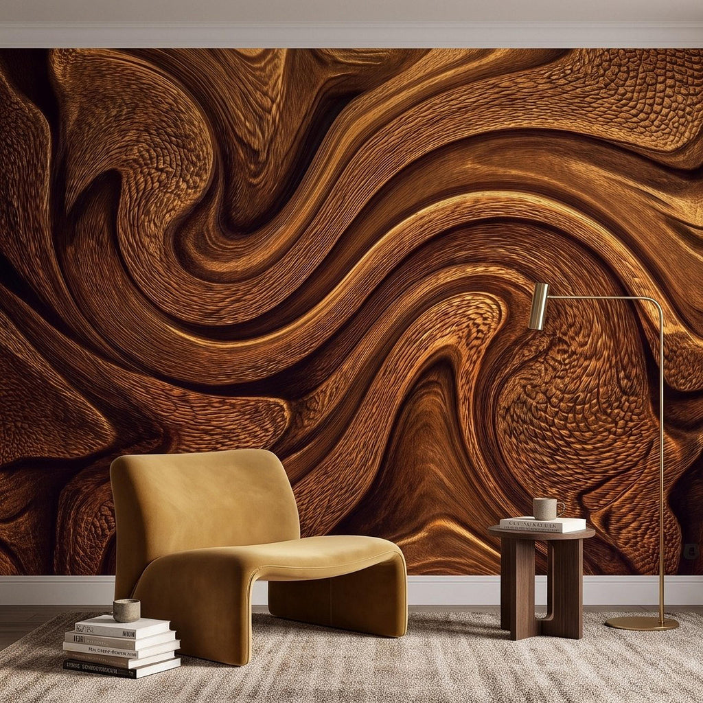 Abstract Wood Texture Peel and Stick Wall Mural, Flowing Sculptural Grain, Organic Timber Waves Contemporary Wallpaper
