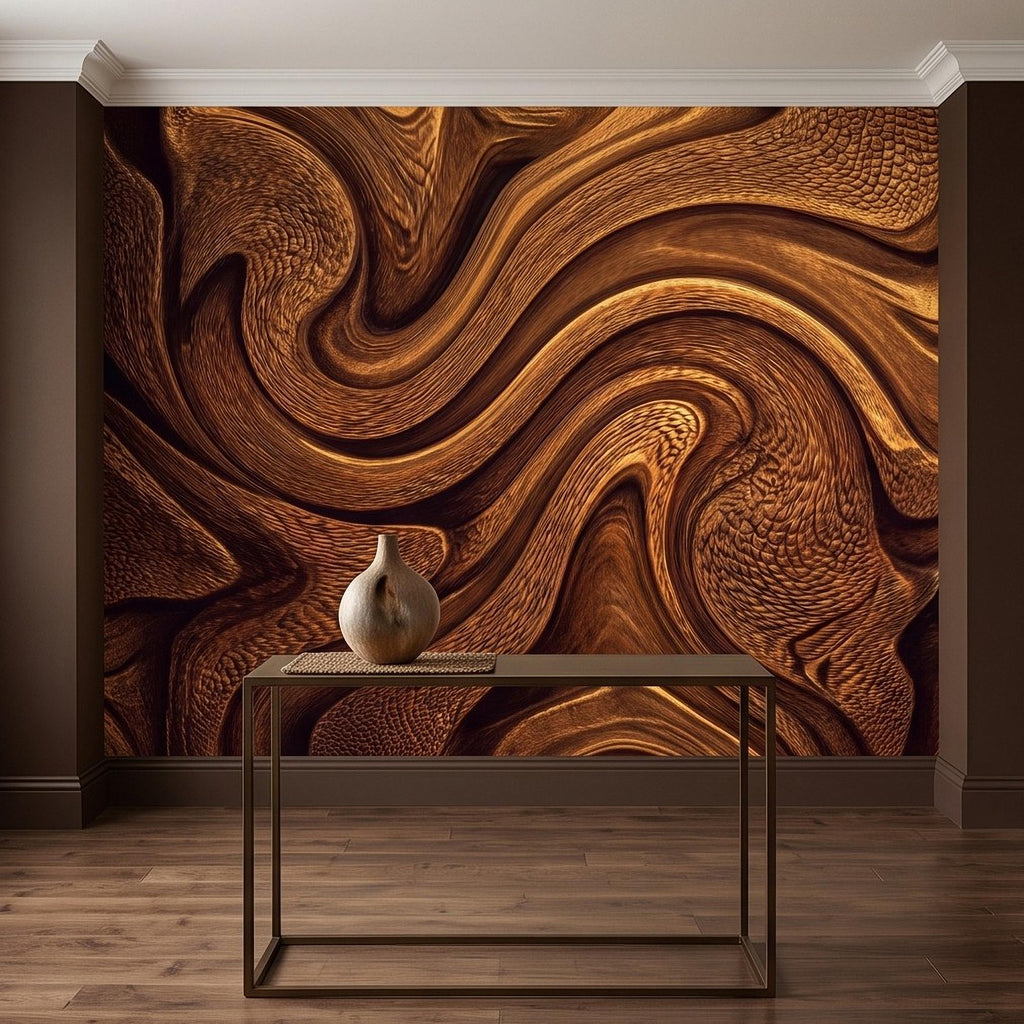 Abstract Wood Texture Peel and Stick Wall Mural, Flowing Sculptural Grain, Organic Timber Waves Contemporary Wallpaper