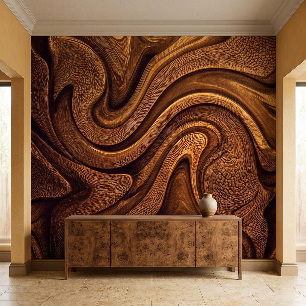 Abstract Wood Texture Peel and Stick Wall Mural, Flowing Sculptural Grain, Organic Timber Waves Contemporary Wallpaper