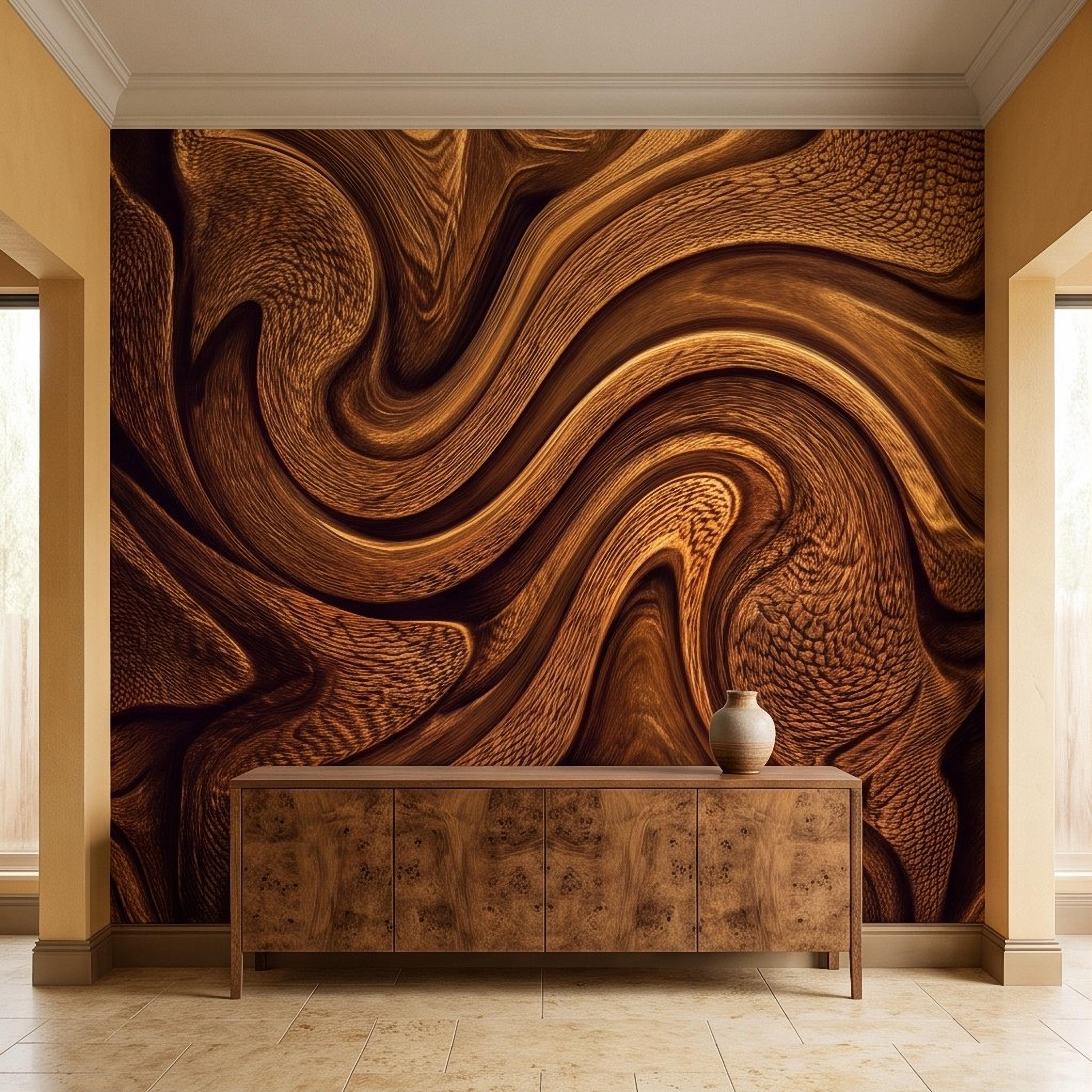 Abstract Wood Texture Peel and Stick Wall Mural, Flowing Sculptural Grain, Organic Timber Waves Contemporary Wallpaper