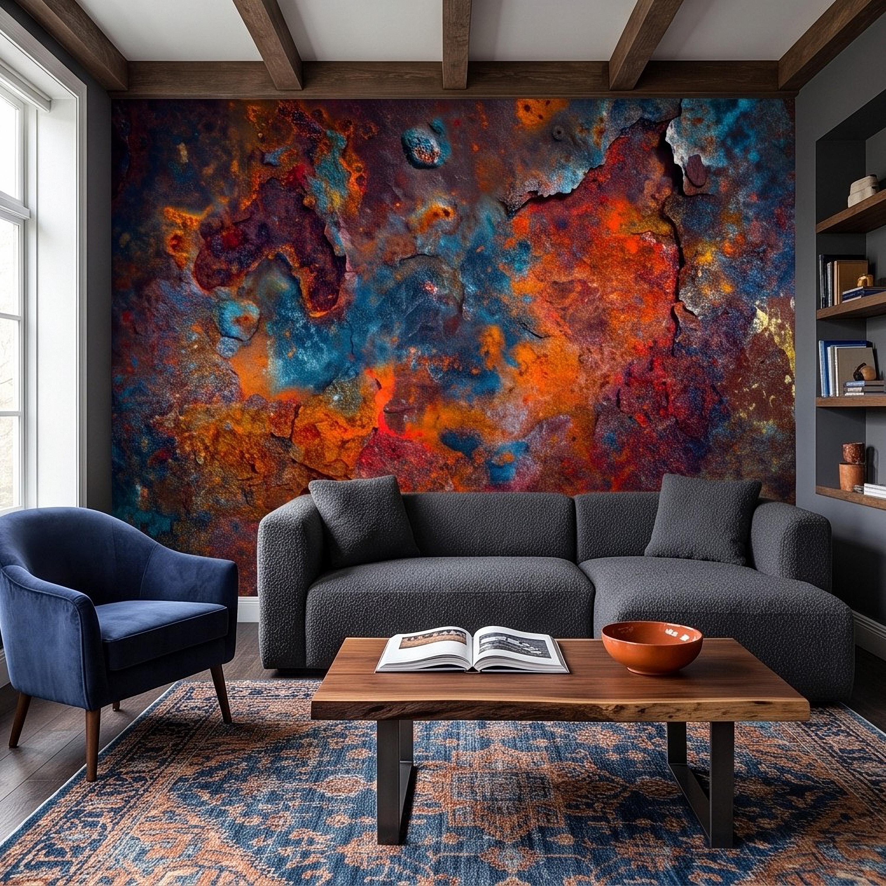 Abstract Rust Texture Peel and Stick Wall Mural, Weathered Oxidized Metal Surface, Industrial Patina Finish Contemporary Wallpaper