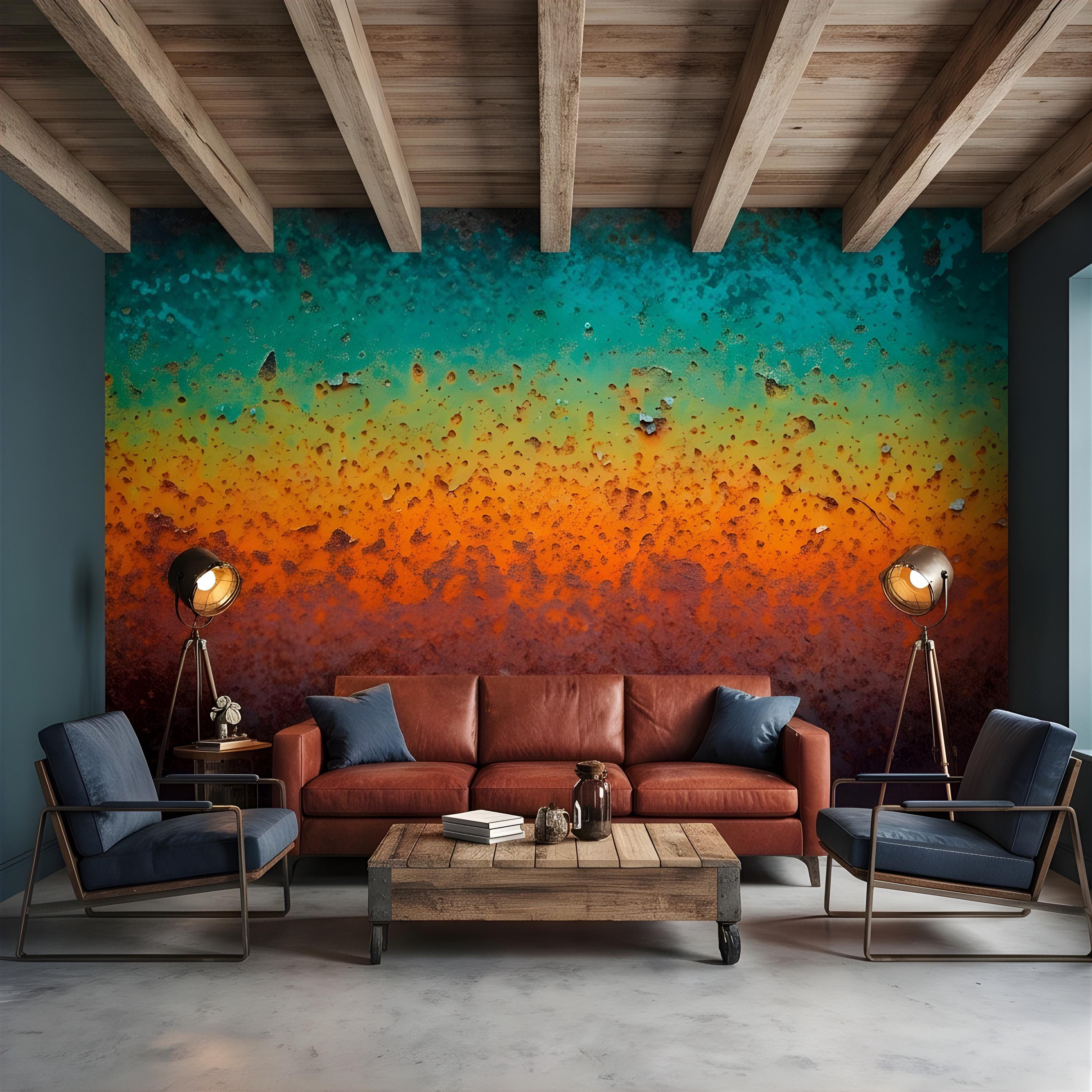 Oxidized Metal Peel and Stick Wall Mural, Patina Texture Weathered Industrial Surface Abstract Wallpaper