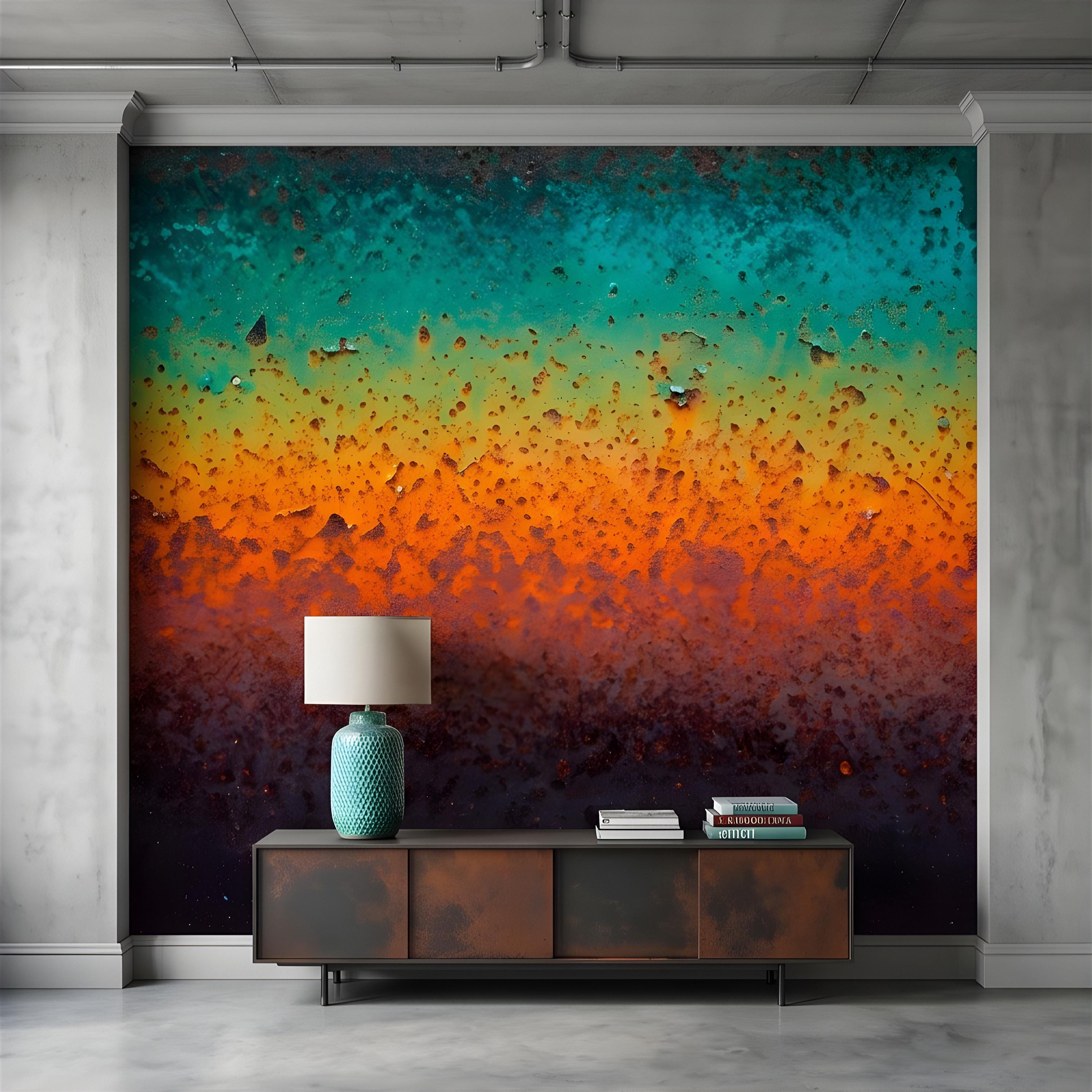 Oxidized Metal Peel and Stick Wall Mural, Patina Texture Weathered Industrial Surface Abstract Wallpaper