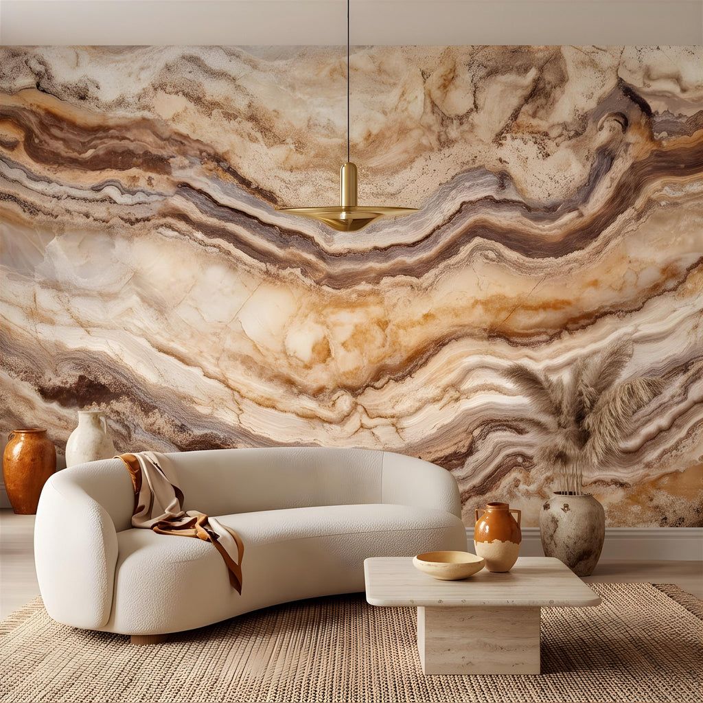 Onyx Marble Peel and Stick Wall Mural, Natural Stone Veining, Luxury Beige Agate Texture Elegant Mineral Wallpaper