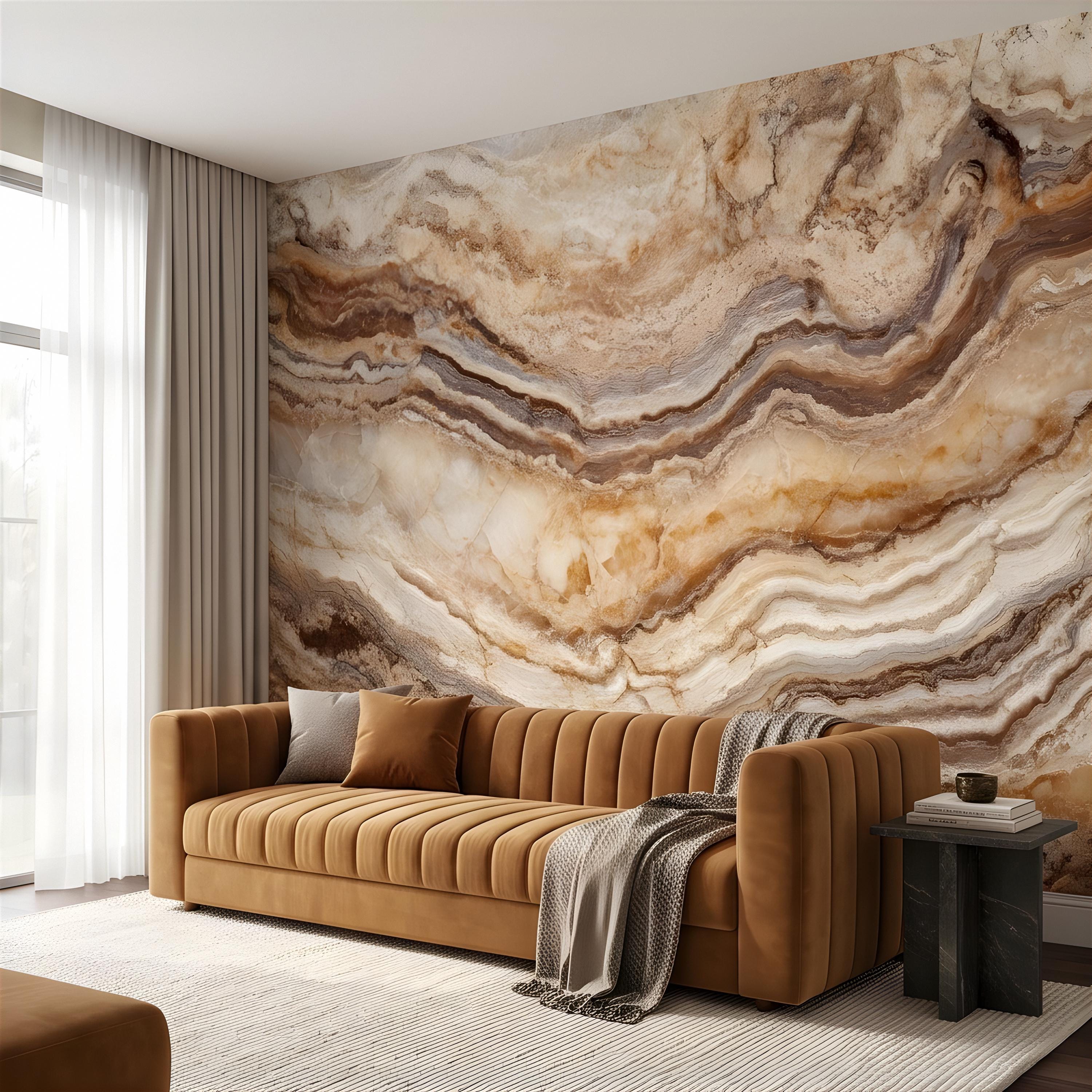 Onyx Marble Peel and Stick Wall Mural, Natural Stone Veining, Luxury Beige Agate Texture Elegant Mineral Wallpaper