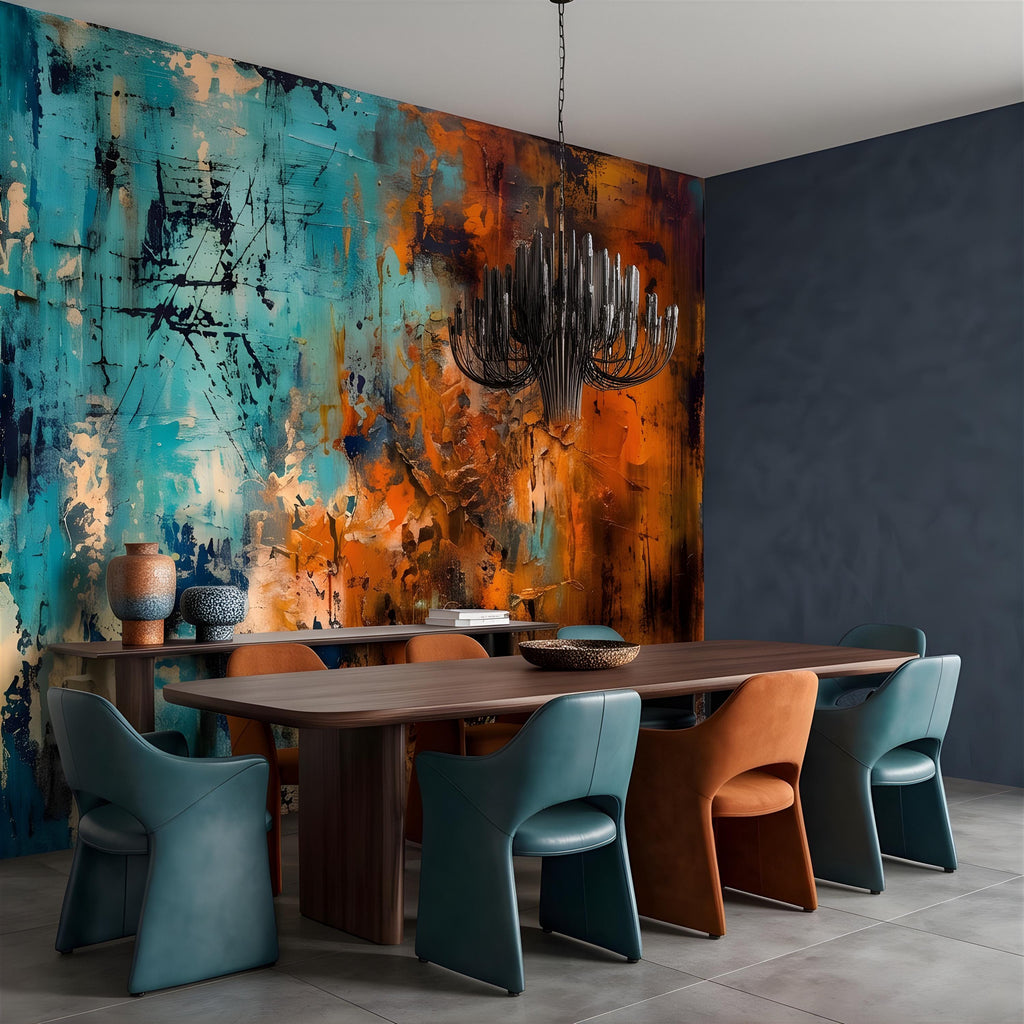 Abstract Texture Peel and Stick Wall Mural, Turquoise and Burnt Orange, Expressive Painterly Layers Contemporary Wallpaper