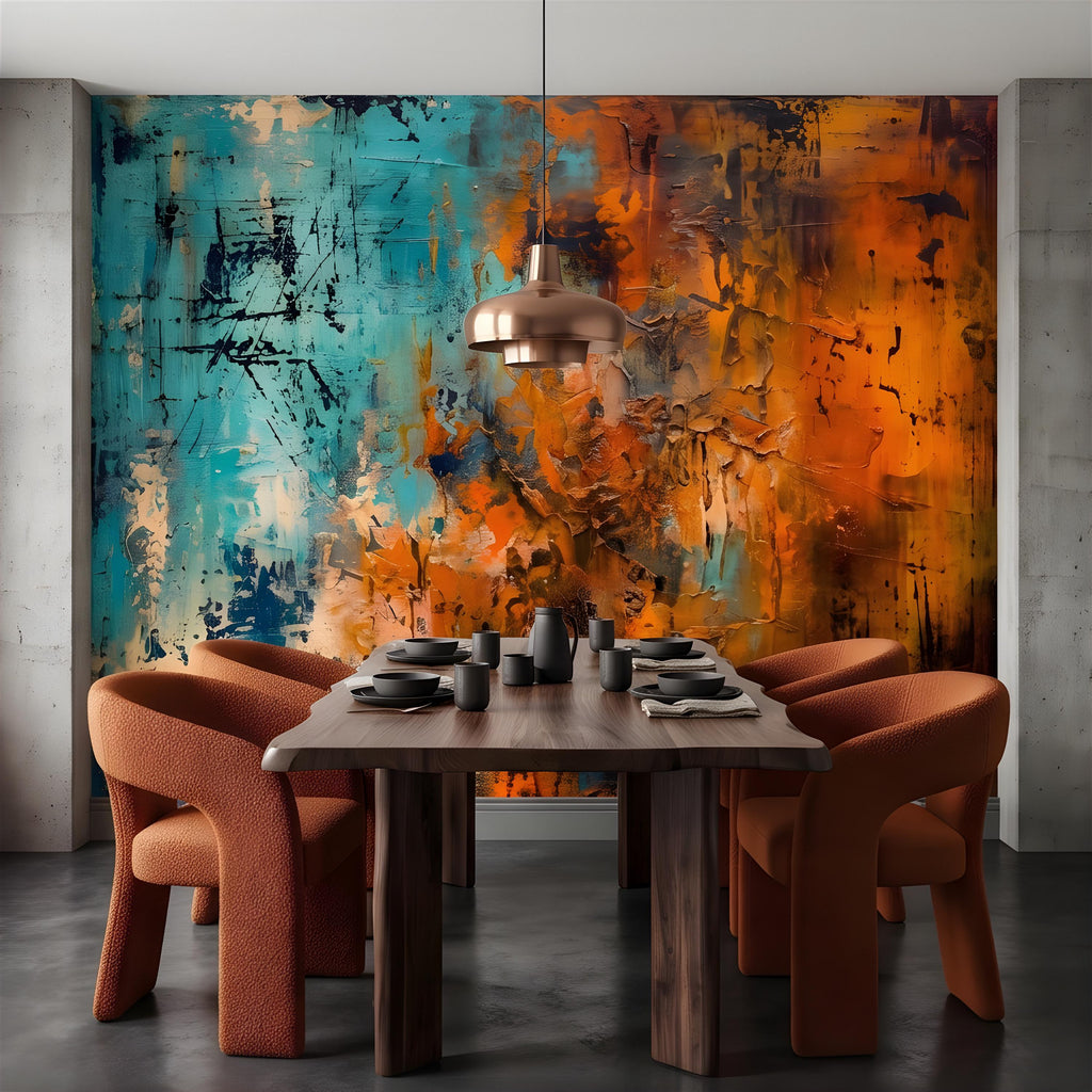 Abstract Texture Peel and Stick Wall Mural, Turquoise and Burnt Orange, Expressive Painterly Layers Contemporary Wallpaper