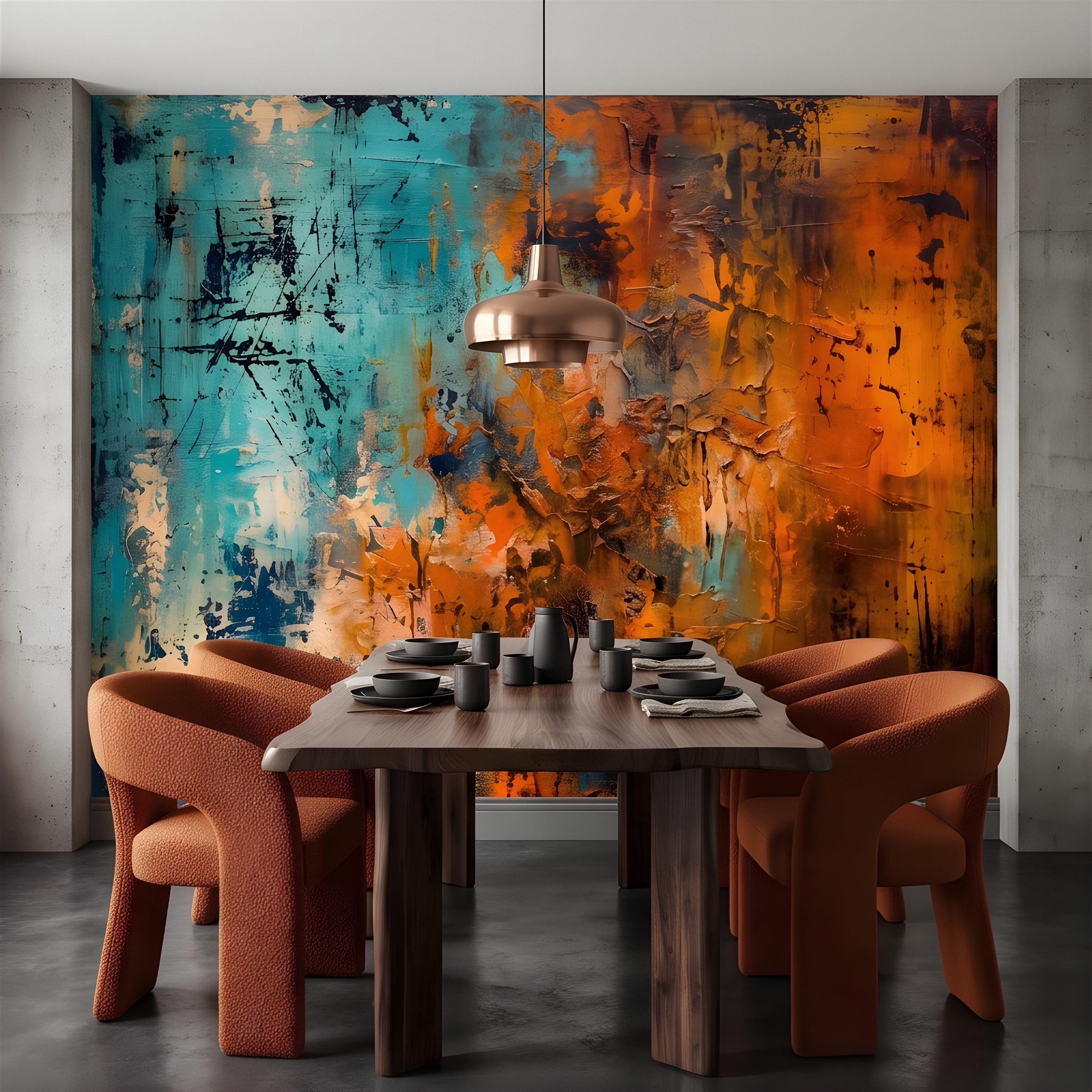 Abstract Texture Peel and Stick Wall Mural, Turquoise and Burnt Orange, Expressive Painterly Layers Contemporary Wallpaper