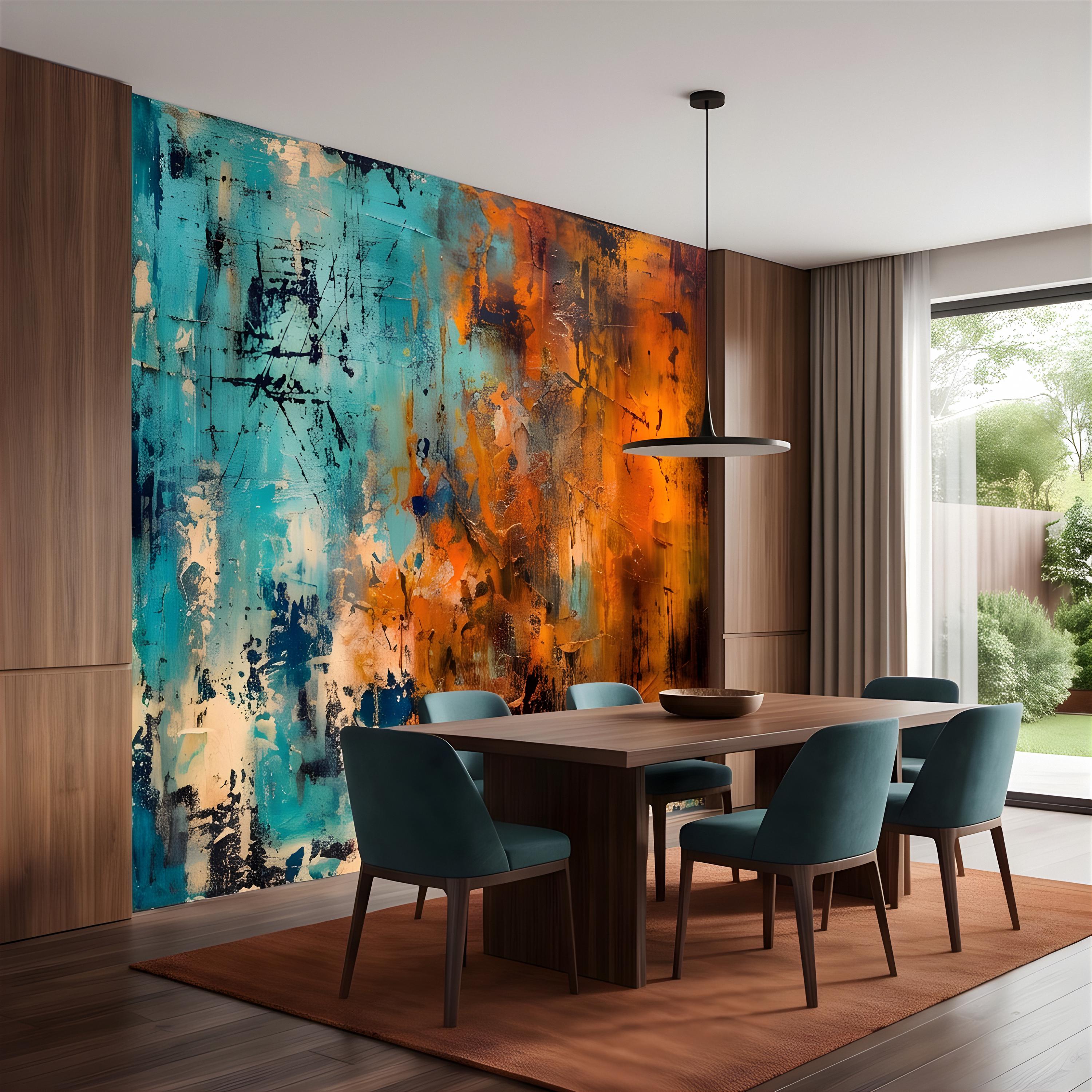 Abstract Texture Peel and Stick Wall Mural, Turquoise and Burnt Orange, Expressive Painterly Layers Contemporary Wallpaper