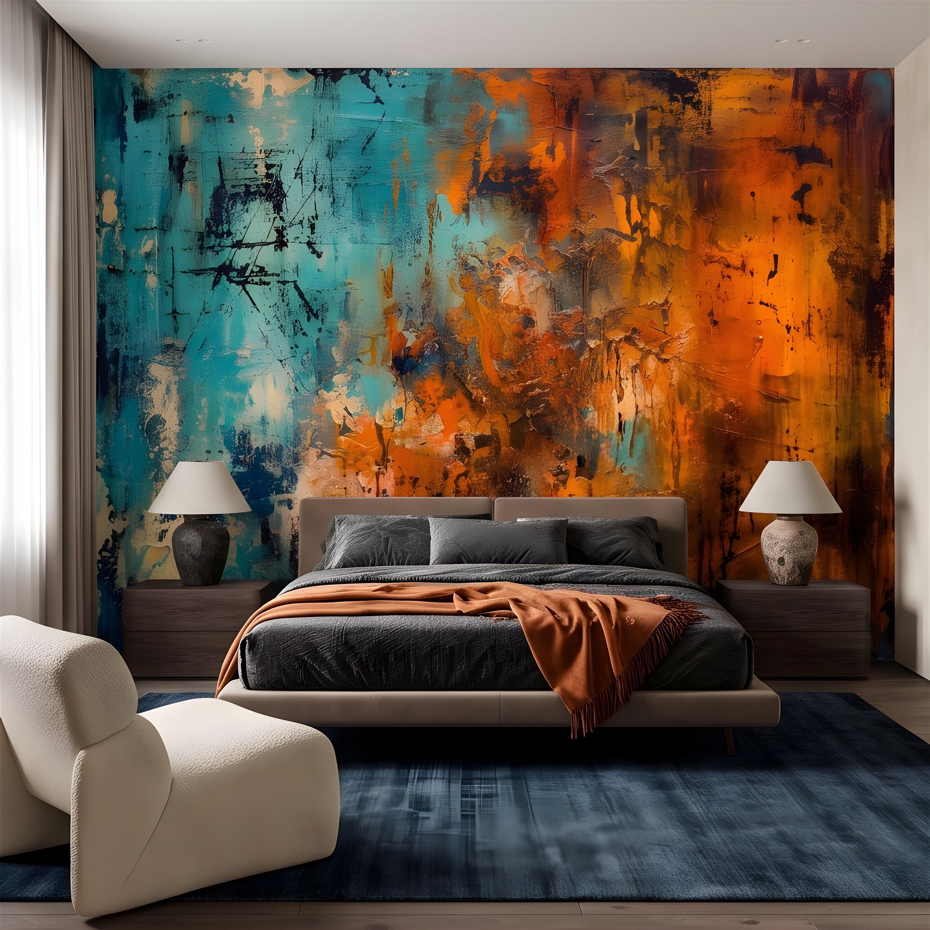Abstract Texture Peel and Stick Wall Mural, Turquoise and Burnt Orange, Expressive Painterly Layers Contemporary Wallpaper