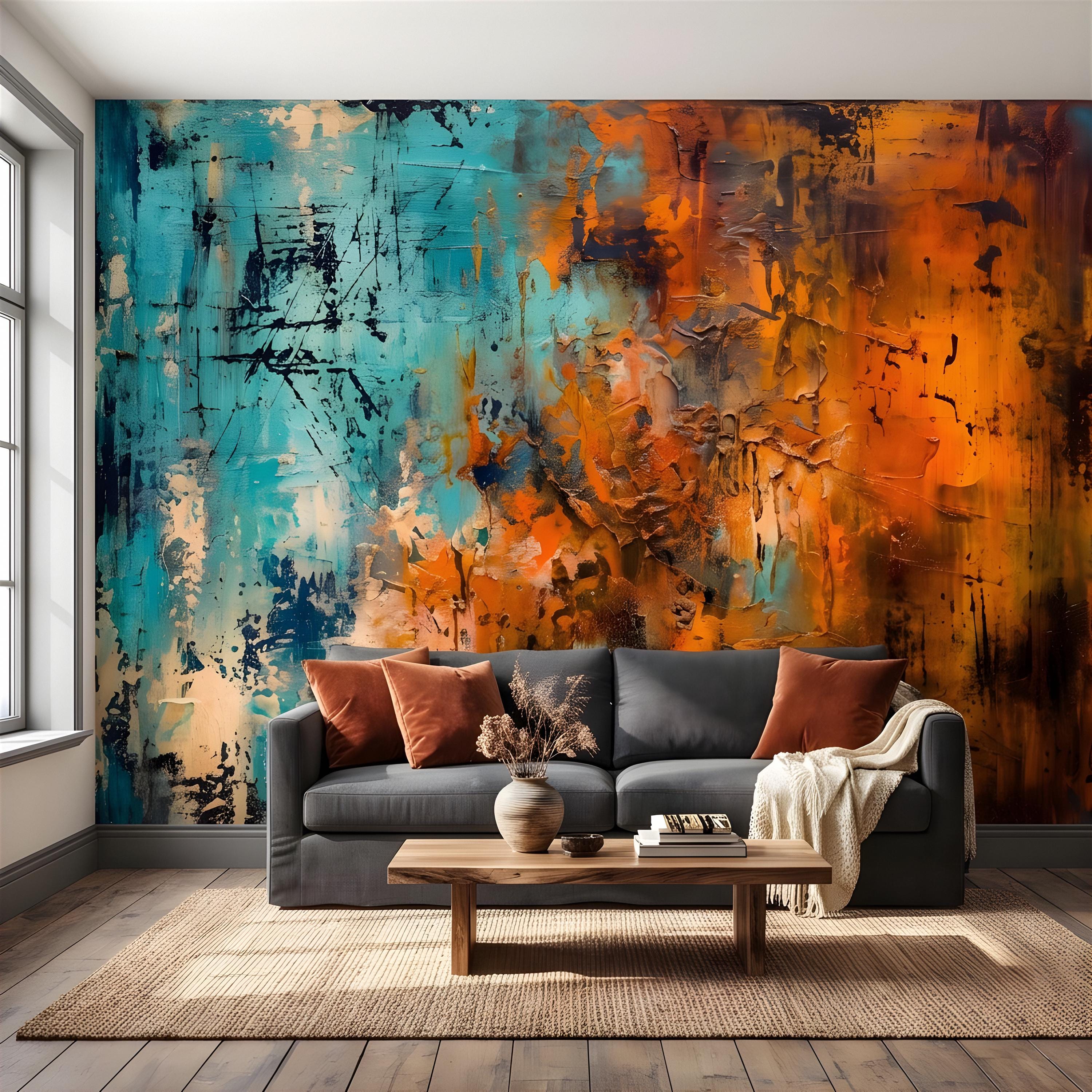 Abstract Texture Peel and Stick Wall Mural, Turquoise and Burnt Orange, Expressive Painterly Layers Contemporary Wallpaper