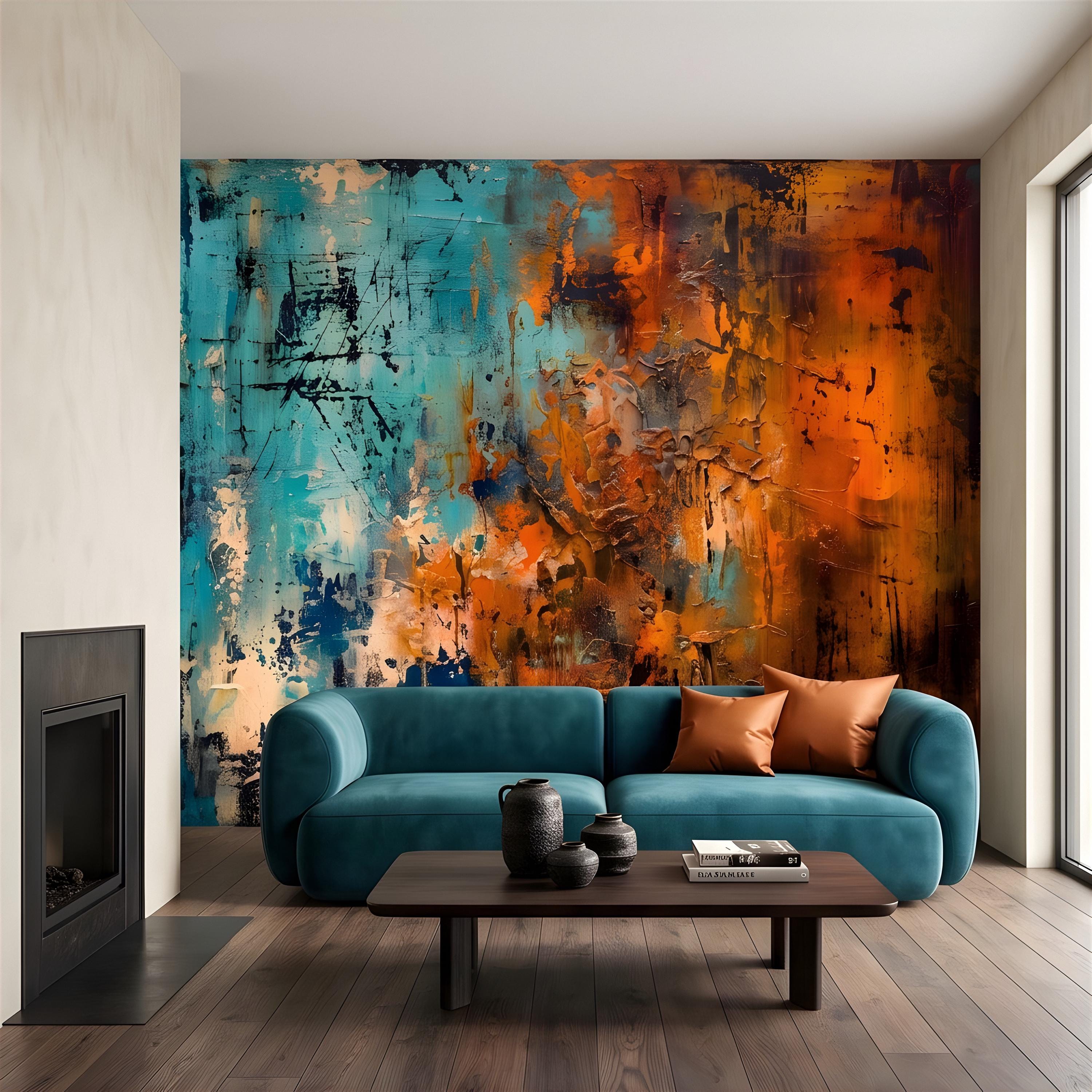 Abstract Texture Peel and Stick Wall Mural, Turquoise and Burnt Orange, Expressive Painterly Layers Contemporary Wallpaper