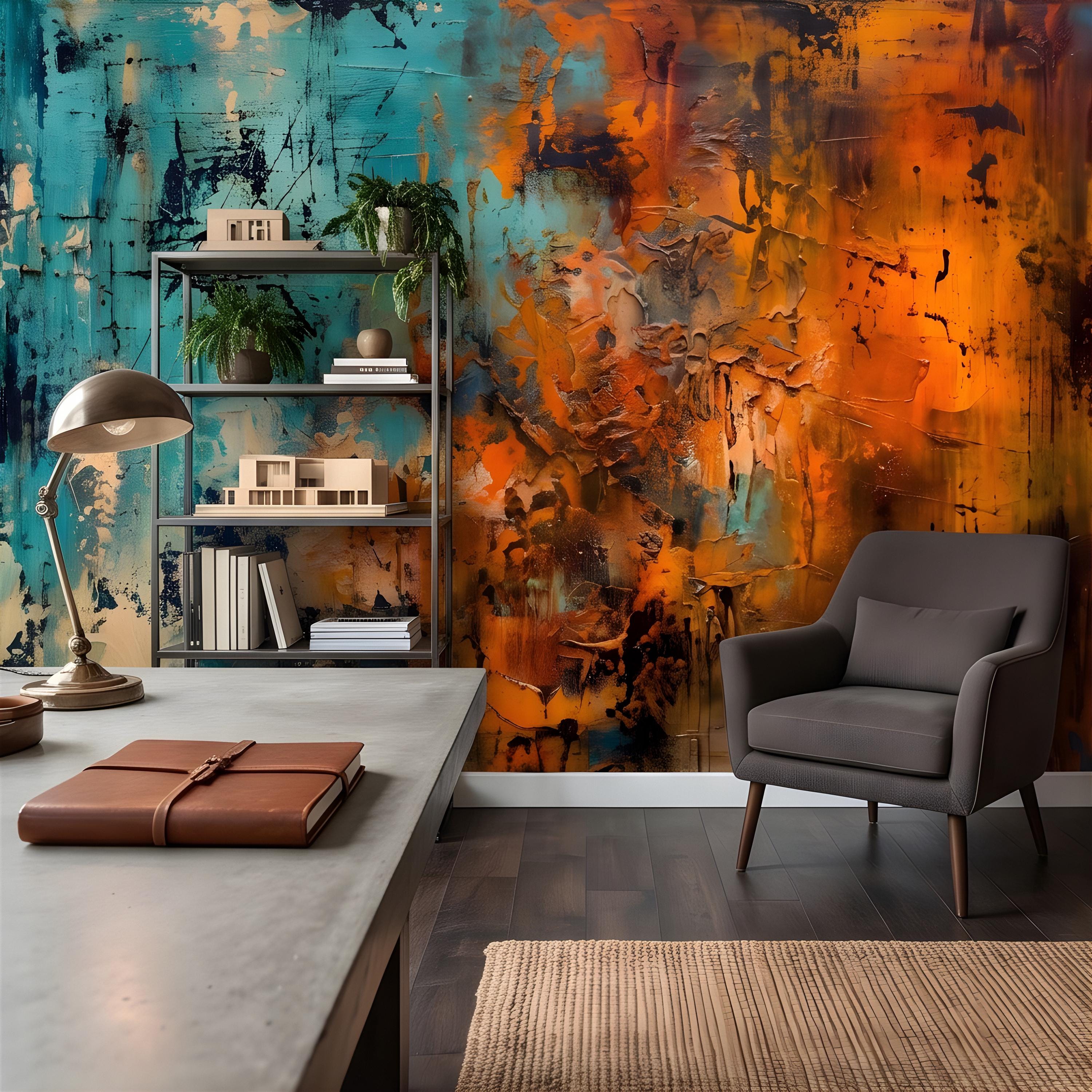 Abstract Texture Peel and Stick Wall Mural, Turquoise and Burnt Orange, Expressive Painterly Layers Contemporary Wallpaper