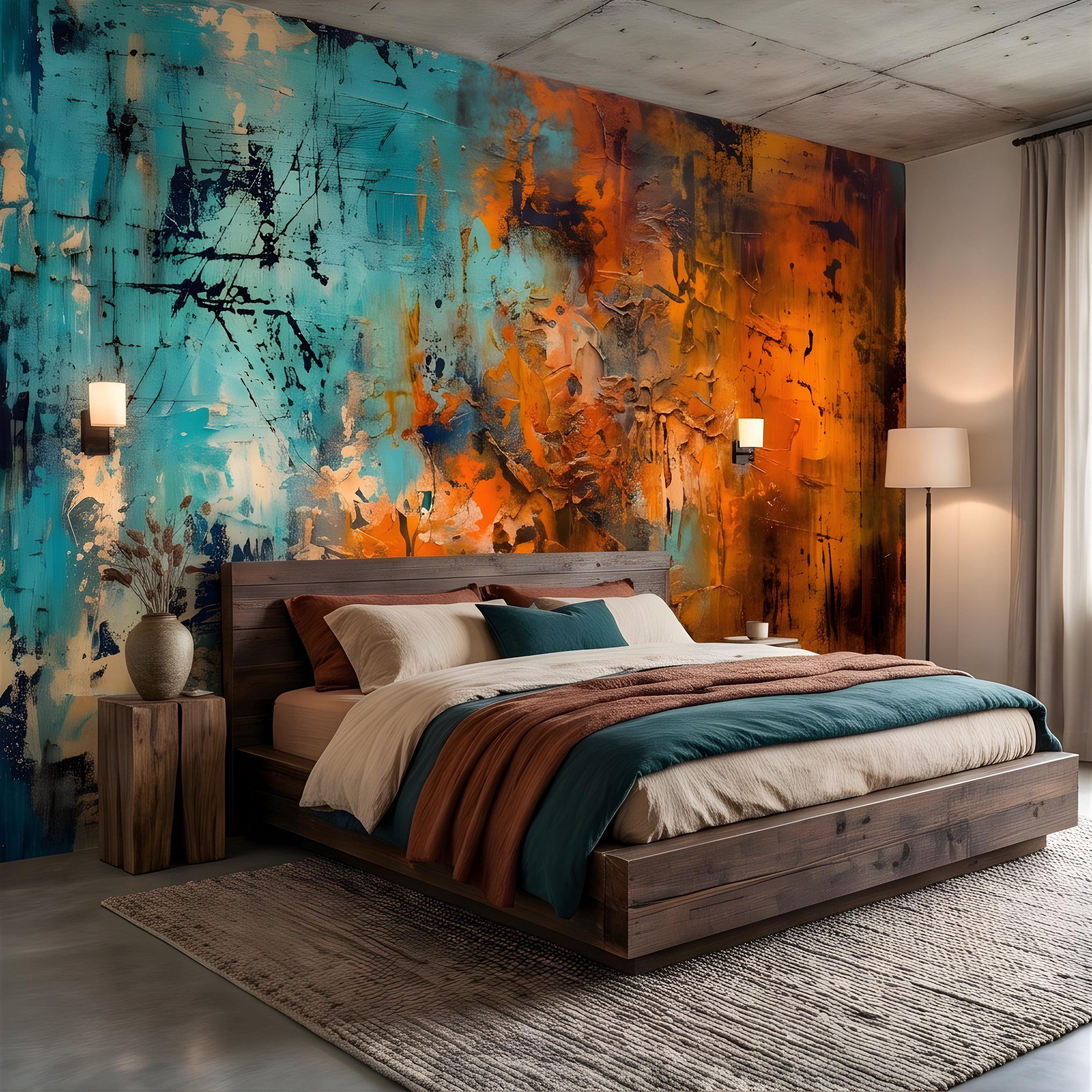 Abstract Texture Peel and Stick Wall Mural, Turquoise and Burnt Orange, Expressive Painterly Layers Contemporary Wallpaper