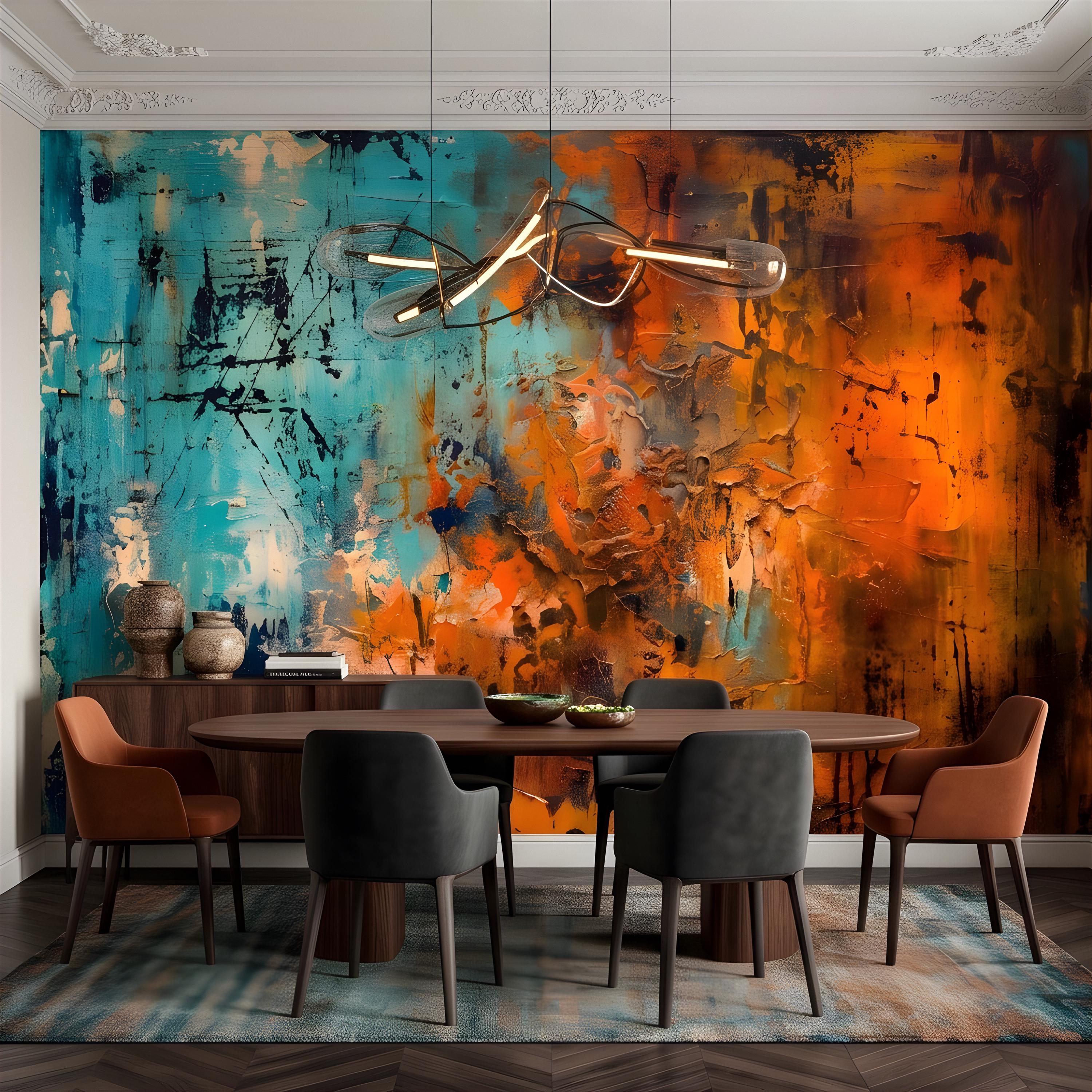 Abstract Texture Peel and Stick Wall Mural, Turquoise and Burnt Orange, Expressive Painterly Layers Contemporary Wallpaper