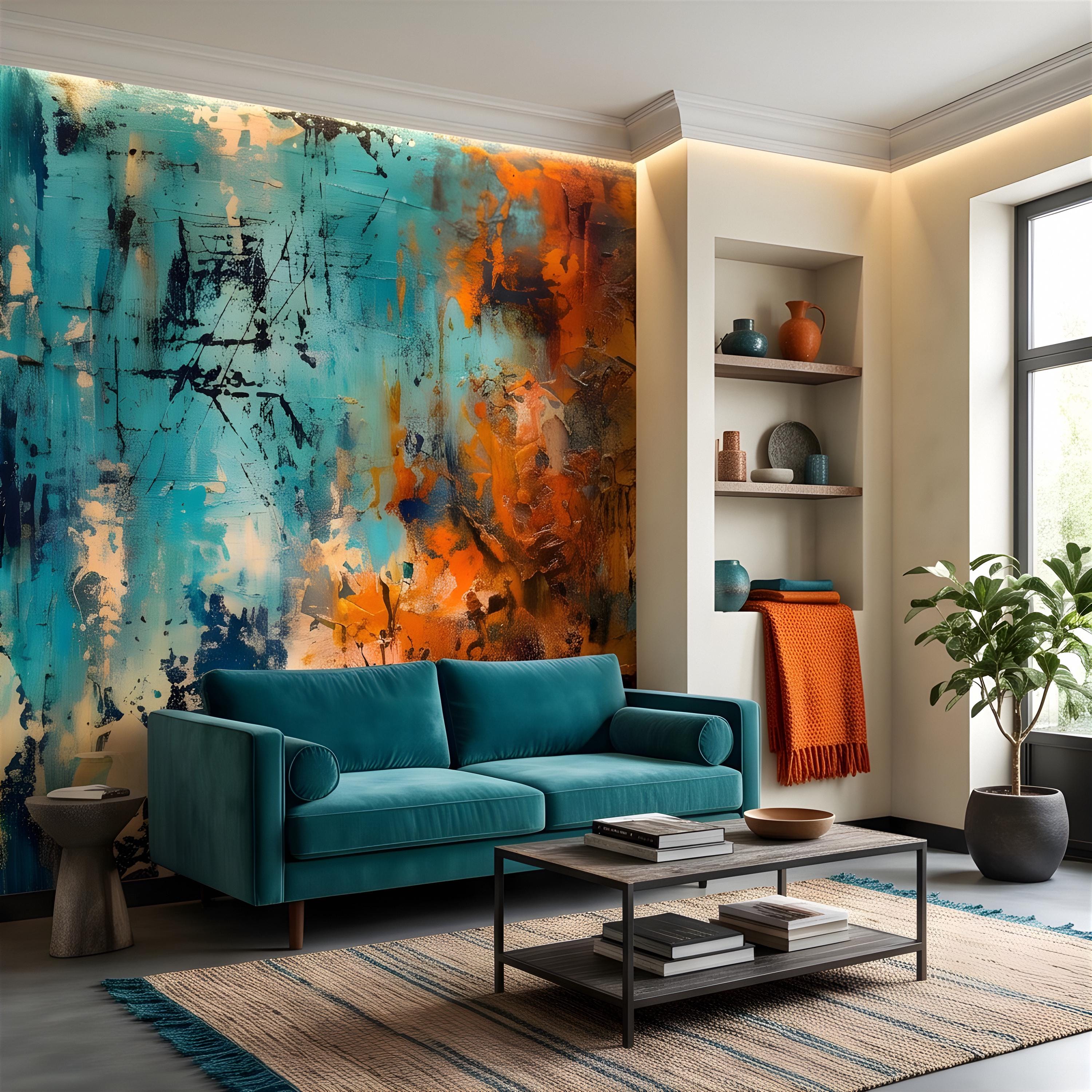Abstract Texture Peel and Stick Wall Mural, Turquoise and Burnt Orange, Expressive Painterly Layers Contemporary Wallpaper