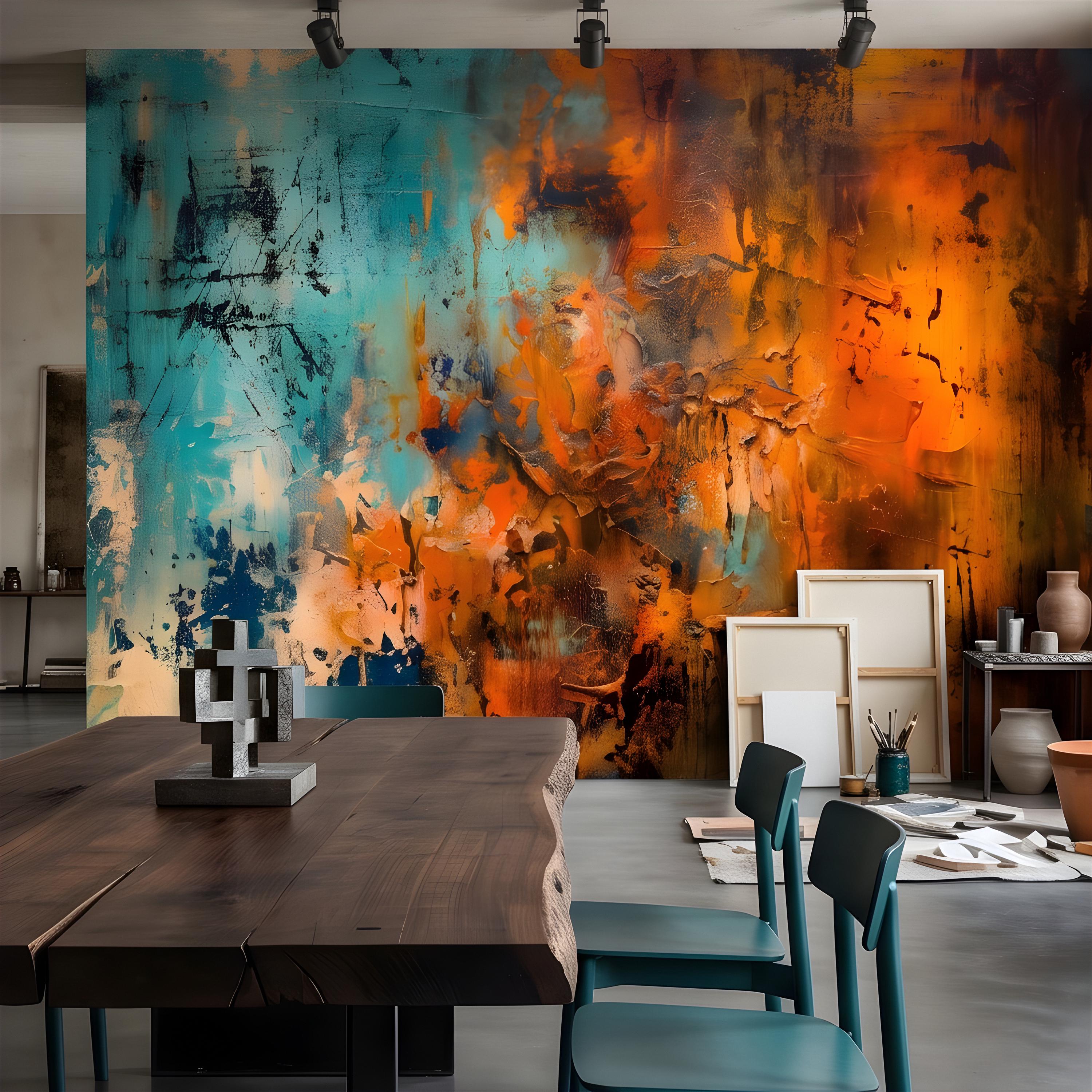 Abstract Texture Peel and Stick Wall Mural, Turquoise and Burnt Orange, Expressive Painterly Layers Contemporary Wallpaper