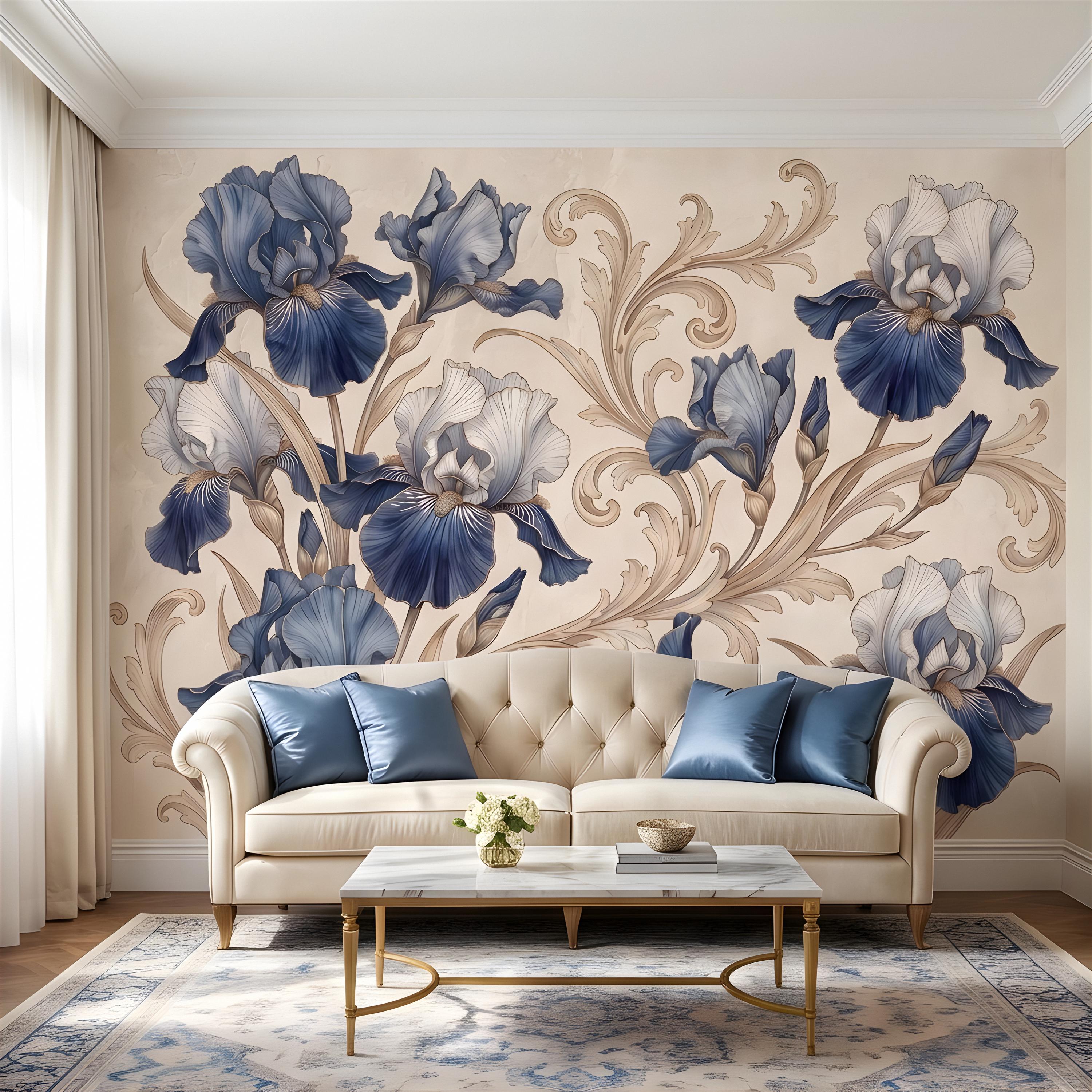 Vintage Blue Iris Peel and Stick Wall Mural, Elegant Baroque Scrollwork, French Chinoiserie Style Classic Wallpaper
