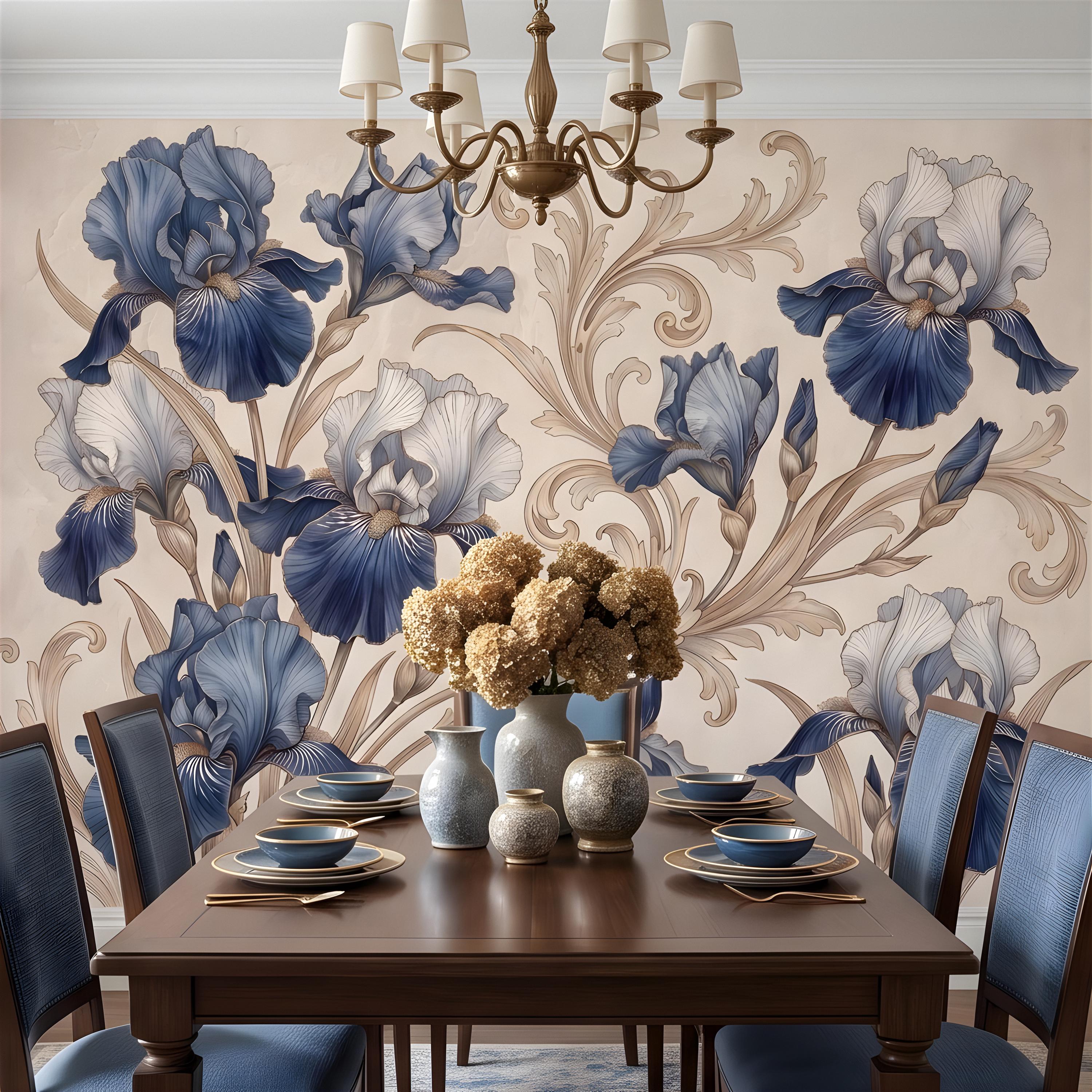 Vintage Blue Iris Peel and Stick Wall Mural, Elegant Baroque Scrollwork, French Chinoiserie Style Classic Wallpaper