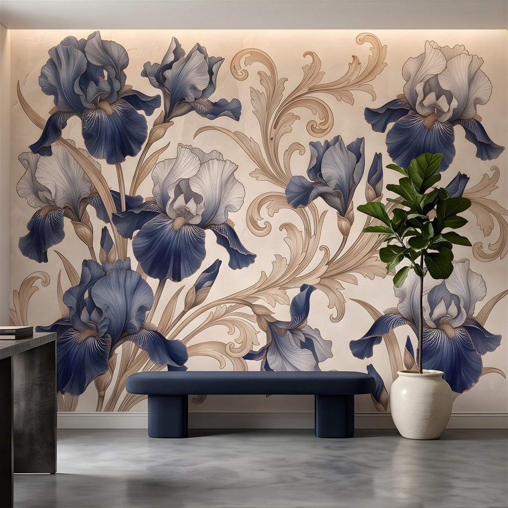 Vintage Blue Iris Peel and Stick Wall Mural, Elegant Baroque Scrollwork, French Chinoiserie Style Classic Wallpaper