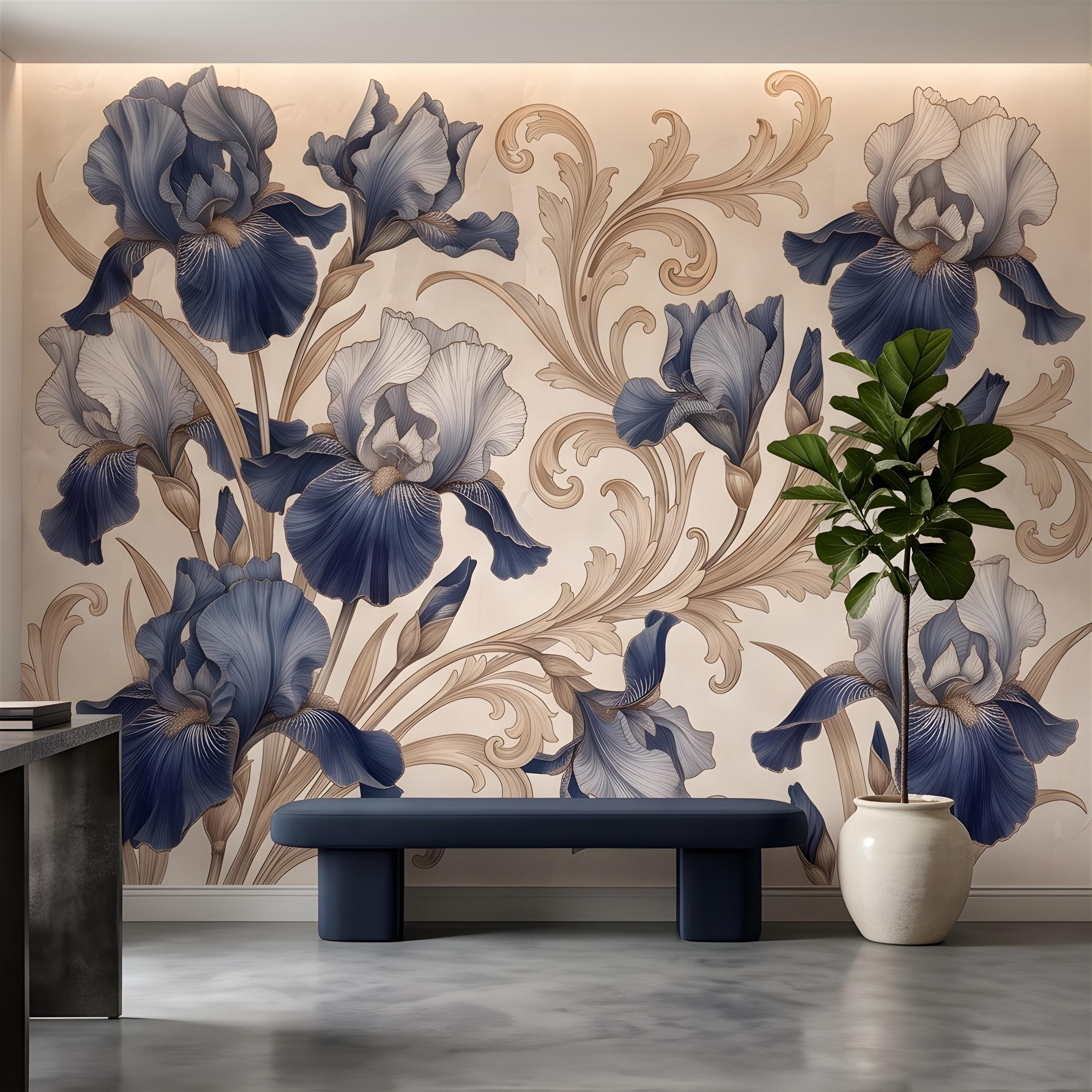 Vintage Blue Iris Peel and Stick Wall Mural, Elegant Baroque Scrollwork, French Chinoiserie Style Classic Wallpaper