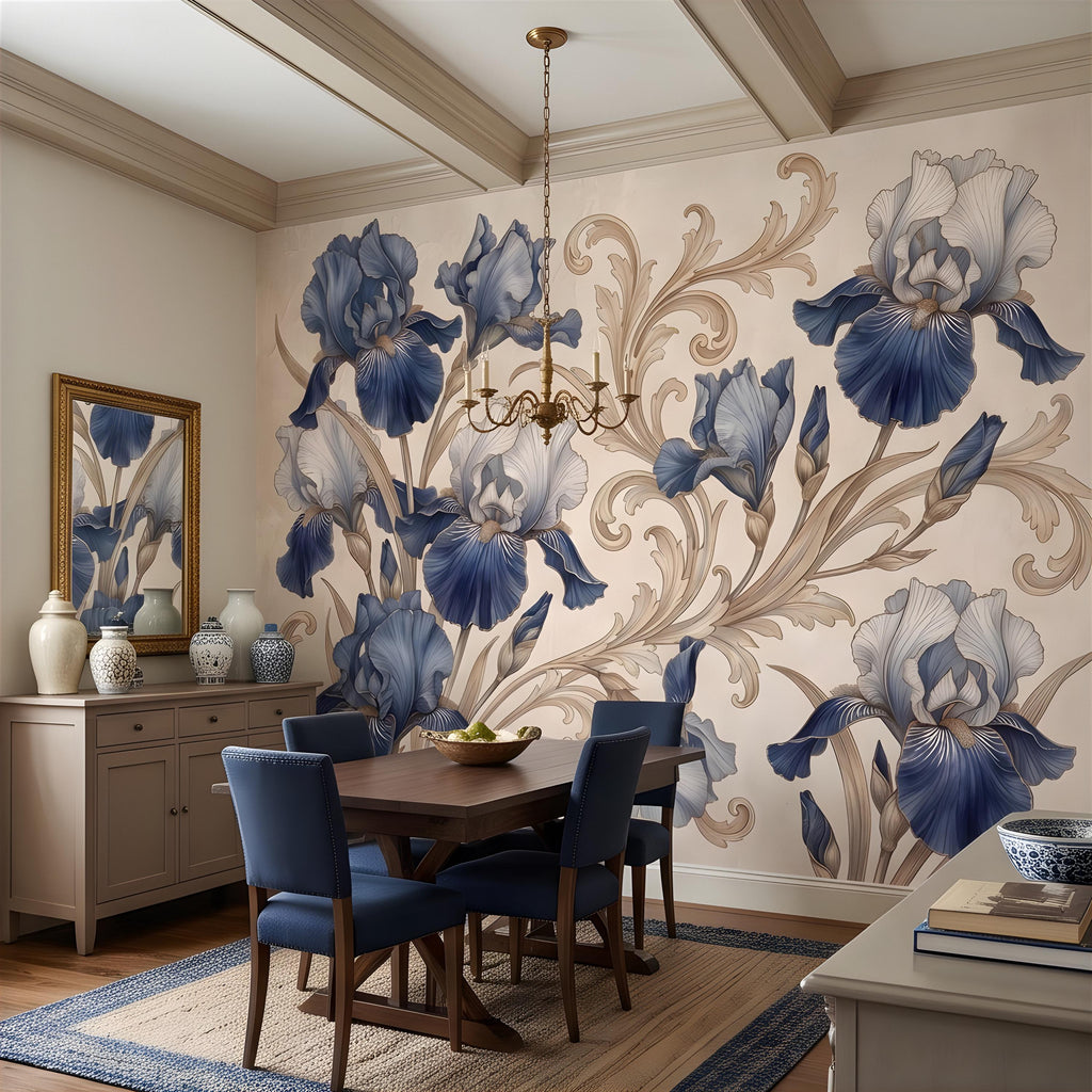 Vintage Blue Iris Peel and Stick Wall Mural, Elegant Baroque Scrollwork, French Chinoiserie Style Classic Wallpaper