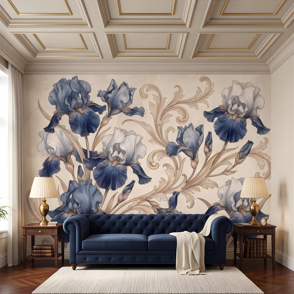 Vintage Blue Iris Peel and Stick Wall Mural, Elegant Baroque Scrollwork, French Chinoiserie Style Classic Wallpaper
