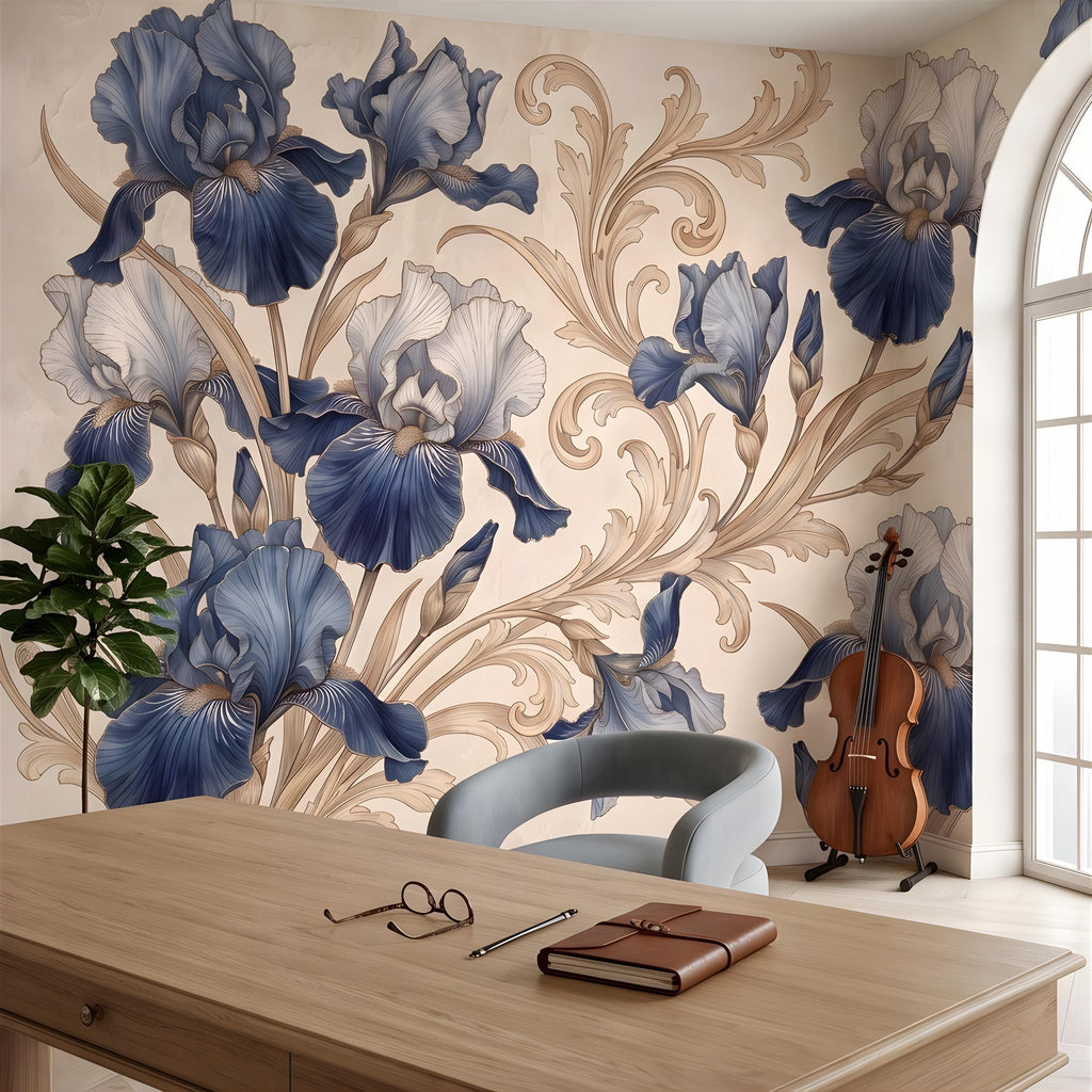 Vintage Blue Iris Peel and Stick Wall Mural, Elegant Baroque Scrollwork, French Chinoiserie Style Classic Wallpaper
